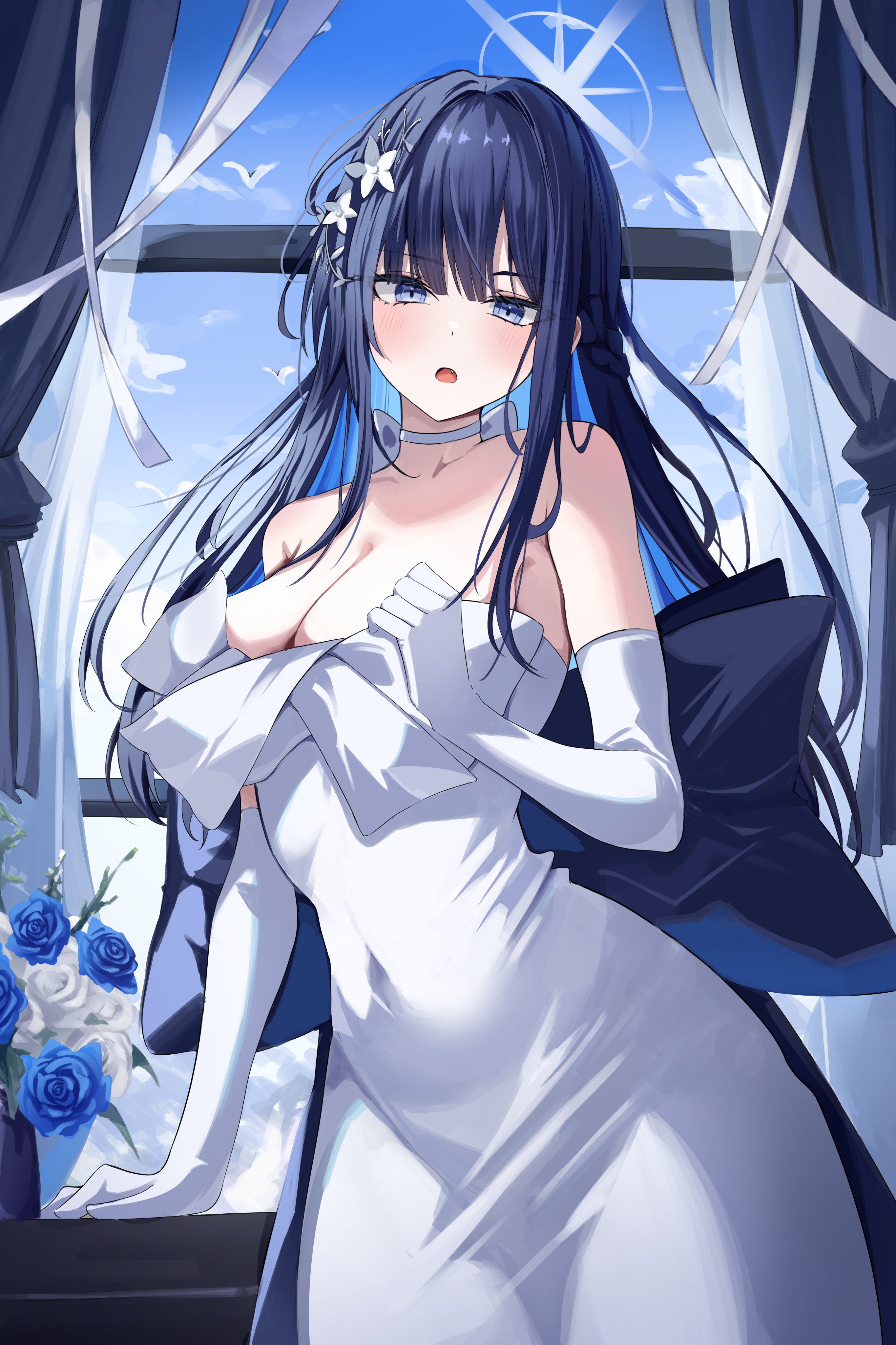 kkubuk92, saori (blue archive), saori (dress) (blue archive), blue archive, absurdres, highres, 1girl, bare shoulders, black hair, blue hair, breasts, cleavage, colored inner hair, covered navel, curtains, dress, elbow gloves, gloves, halo, indoors, large breasts, multicolored hair, official alternate costume, open mouth, solo, standing, two-tone hair, white dress, white gloves, window