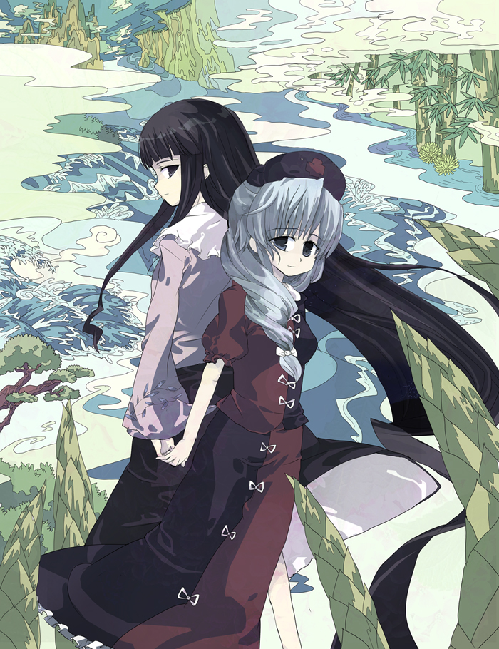 hide38, houraisan kaguya, yagokoro eirin, touhou, silver hair, 2girls, black eyes, black hair, blue eyes, braid, female focus, hat, holding hands, long hair, multiple girls, very long hair