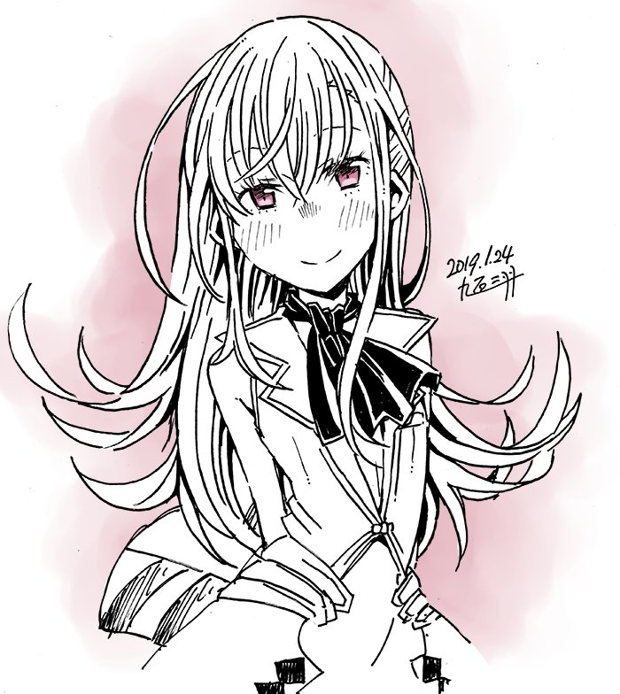 sasakamakue, kamishibaiya iris, emil chronicle online, 1girl, arms behind back, artist name, dated, hat, jacket, leotard, long hair, looking at viewer, monochrome, partially colored, red eyes, smile, solo, top hat