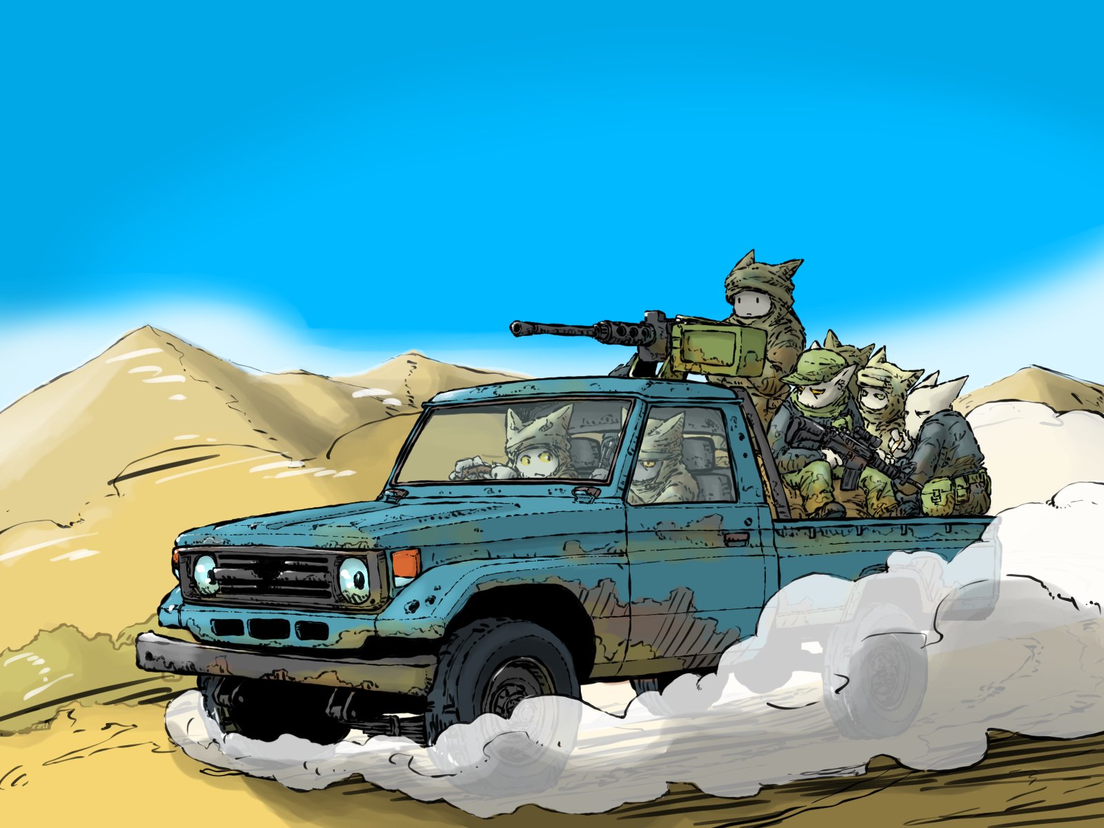 yabarn, original, highres, 6+boys, ammunition box, assault rifle, browning m2, cat boy, desert, dust cloud, gun, heavy machine gun, hill, holding, holding gun, holding weapon, m4 carbine, machine gun, manually-operated mounted gun, motor vehicle, multiple boys, pickup truck, rifle, sand dune, soldier, truck, vehicle focus, weapon