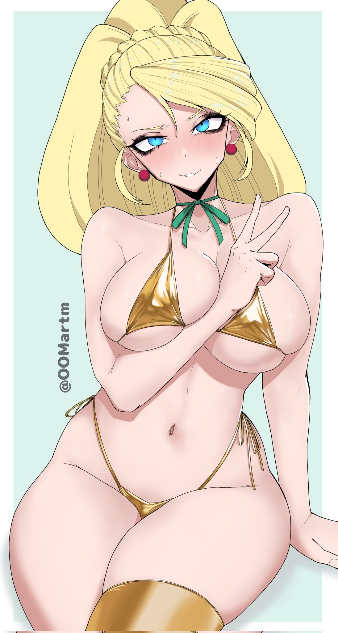 darkness (konosuba), kono subarashii sekai ni shukufuku wo!, commentary, english commentary, highres, 1girl, arm under breasts, armpit crease, bikini, black eyeshadow, blonde hair, blue eyes, blush, border, braid, breasts, cherry earrings, cleavage, cowboy shot, crown braid, earrings, eyelashes, eyeshadow, food-themed earrings, food themed earrings, gold bikini, gold thighhighs, green ribbon, grey background, jewelry, large breasts, linea alba, long hair, looking at viewer, makeup, micro bikini, navel, neck ribbon, oomartm, outside border, parted lips, ribbon, simple background, sitting, skindentation, smile, solo, sweat, swimsuit, teeth, twitter username, v, white border