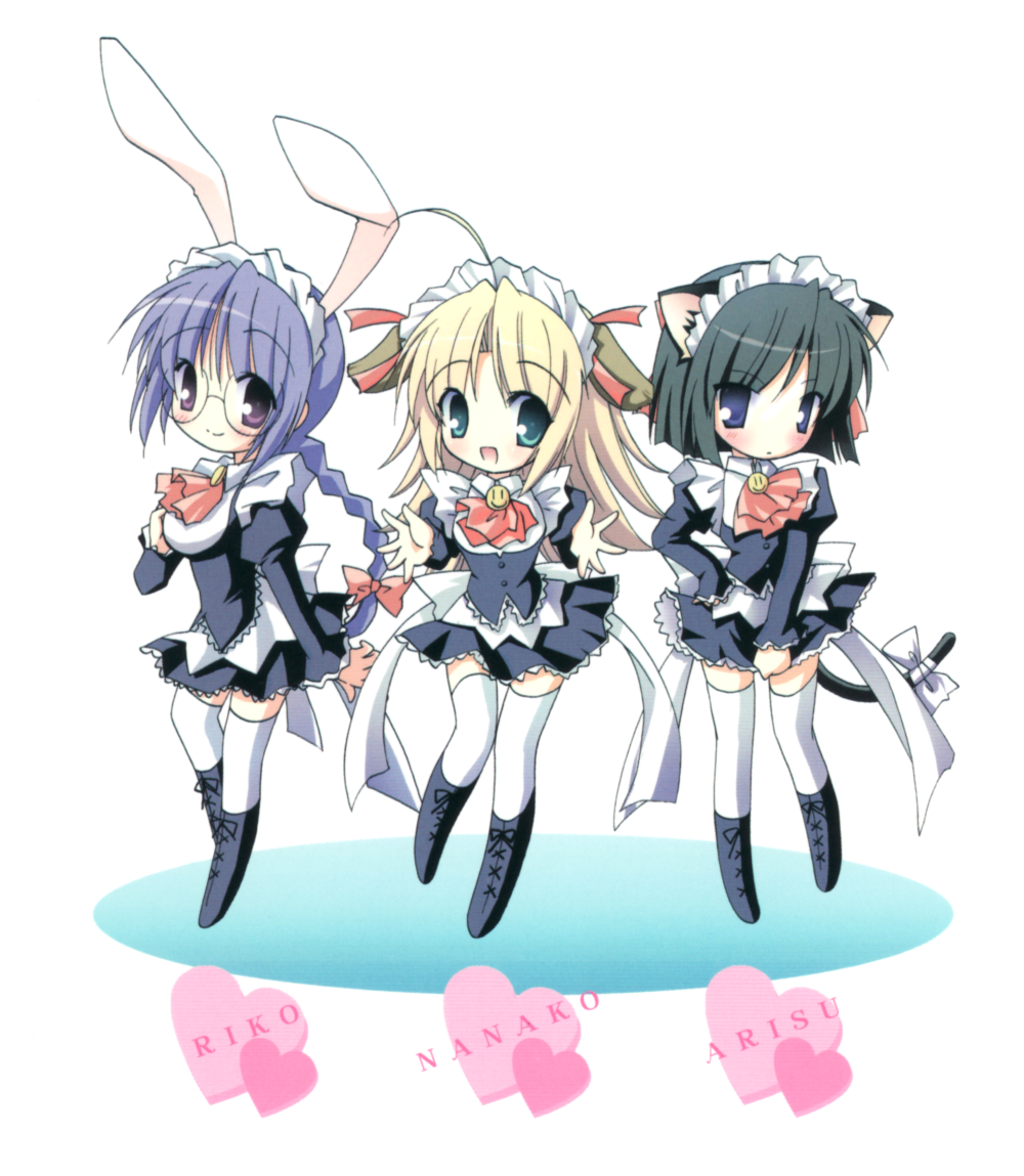 non-web source, animal ears, black hair, blonde hair, blue eyes, blue hair, boots, braid, cat ears, cat tail, chibi, dog ears, green eyes, long hair, maid, purple eyes, rabbit ears, ribbon, short hair, tail, thighhighs, twin braids