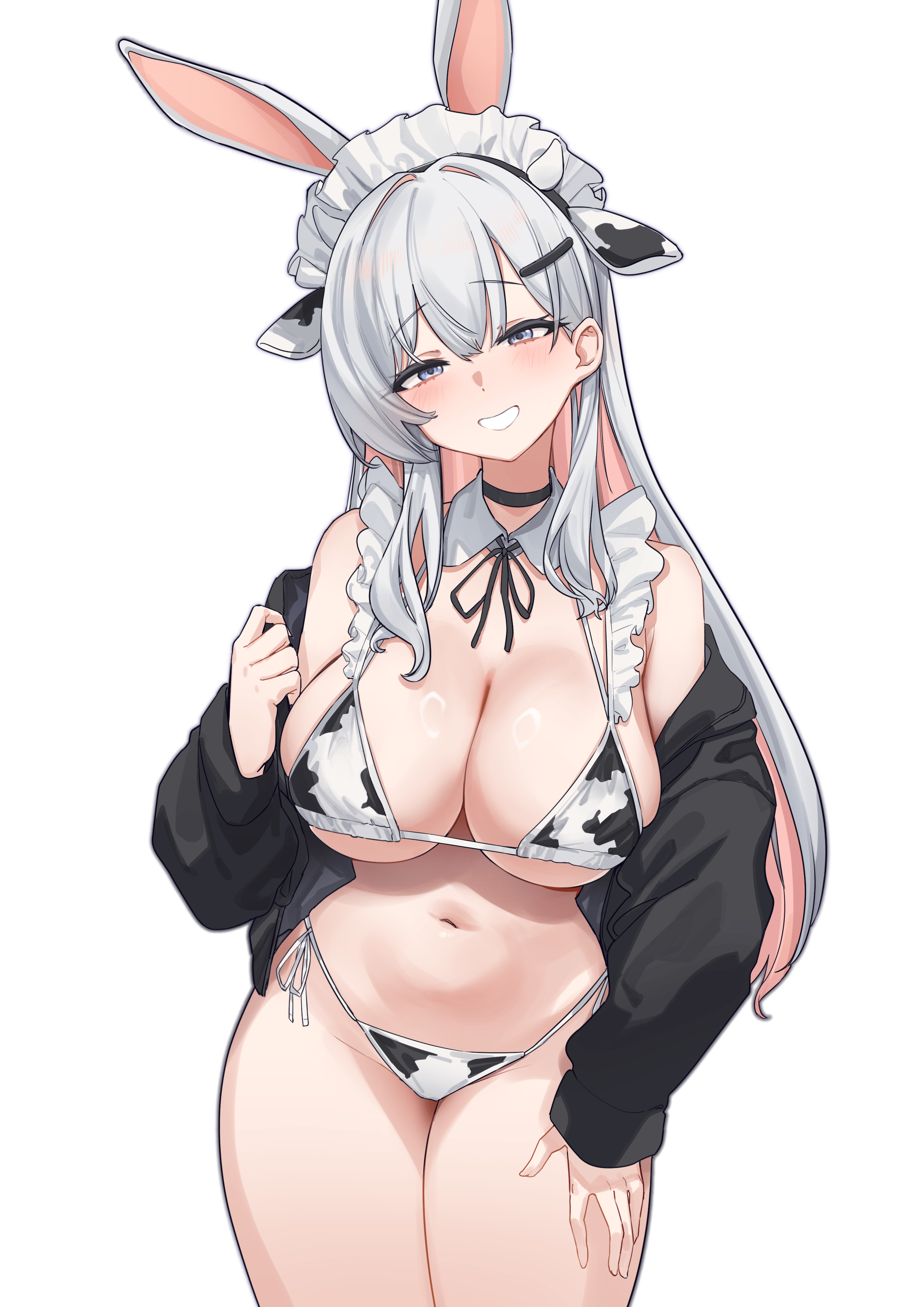 aningay, absurdres, alpha transparency, character request, commentary request, copyright request, highres, korean commentary, 1girl, animal ear hairband, animal ears, animal print, bikini, black choker, black jacket, black ribbon, breasts, choker, cleavage, colored inner hair, cow ears, cow print, cow print bikini, cowboy shot, detached collar, fake animal ears, grey eyes, grey hair, hair ornament, hairband, hairclip, jacket, large breasts, long hair, looking at viewer, maid headdress, multicolored hair, navel, neck ribbon, off shoulder, open clothes, open jacket, open mouth, pink hair, print bikini, rabbit ears, ribbon, side-tie bikini bottom, solo, string bikini, swimsuit, transparent background, two-tone hair, white headdress, white mask