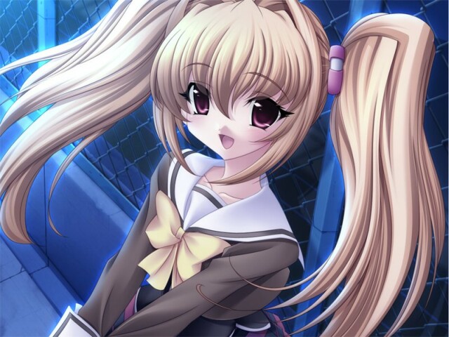 isono satoshi, nagasawa yuki, yanezutai no kimi e, game cg, 1girl, brown hair, chain-link fence, female focus, fence, red eyes, school uniform, serafuku, solo, twintails