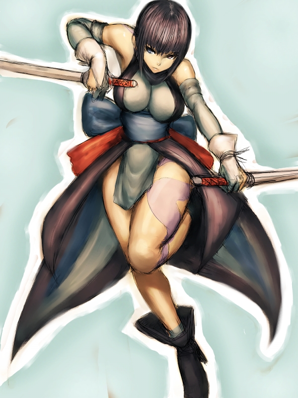 fumio (rsqkr), shiki (samurai spirits), samurai spirits, snk, 1girl, black hair, boots, breasts, dual wielding, female focus, gloves, heterochromia, holding, large breasts, short hair, solo, sword, weapon