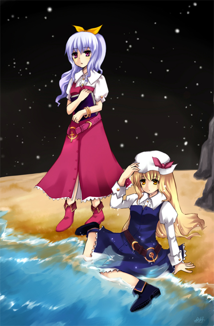 jing hu, kiyoshi mizuumi +, watatsuki no toyohime, watatsuki no yorihime, silent sinner in blue, touhou, bad id, bad pixiv id, 2girls, beach, belt, blonde hair, blue hair, boots, bow, bracelet, female focus, hair bow, hair ribbon, hat, jewelry, long hair, multiple girls, ponytail, ribbon, star (symbol)