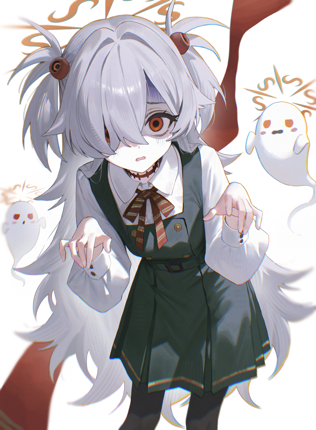 senriyama, kanoe (blue archive), blue archive, highres, 1girl, black pantyhose, blush, brown eyes, brown halo, dress, ghost, ghost pose, grey hair, hair ornament, hair over one eye, halo, long hair, long sleeves, looking at viewer, pantyhose, pinafore dress, ribbon, scar, scar on neck, shirt, simple background, sleeveless, sleeveless dress, solo, twintails, white background, white shirt