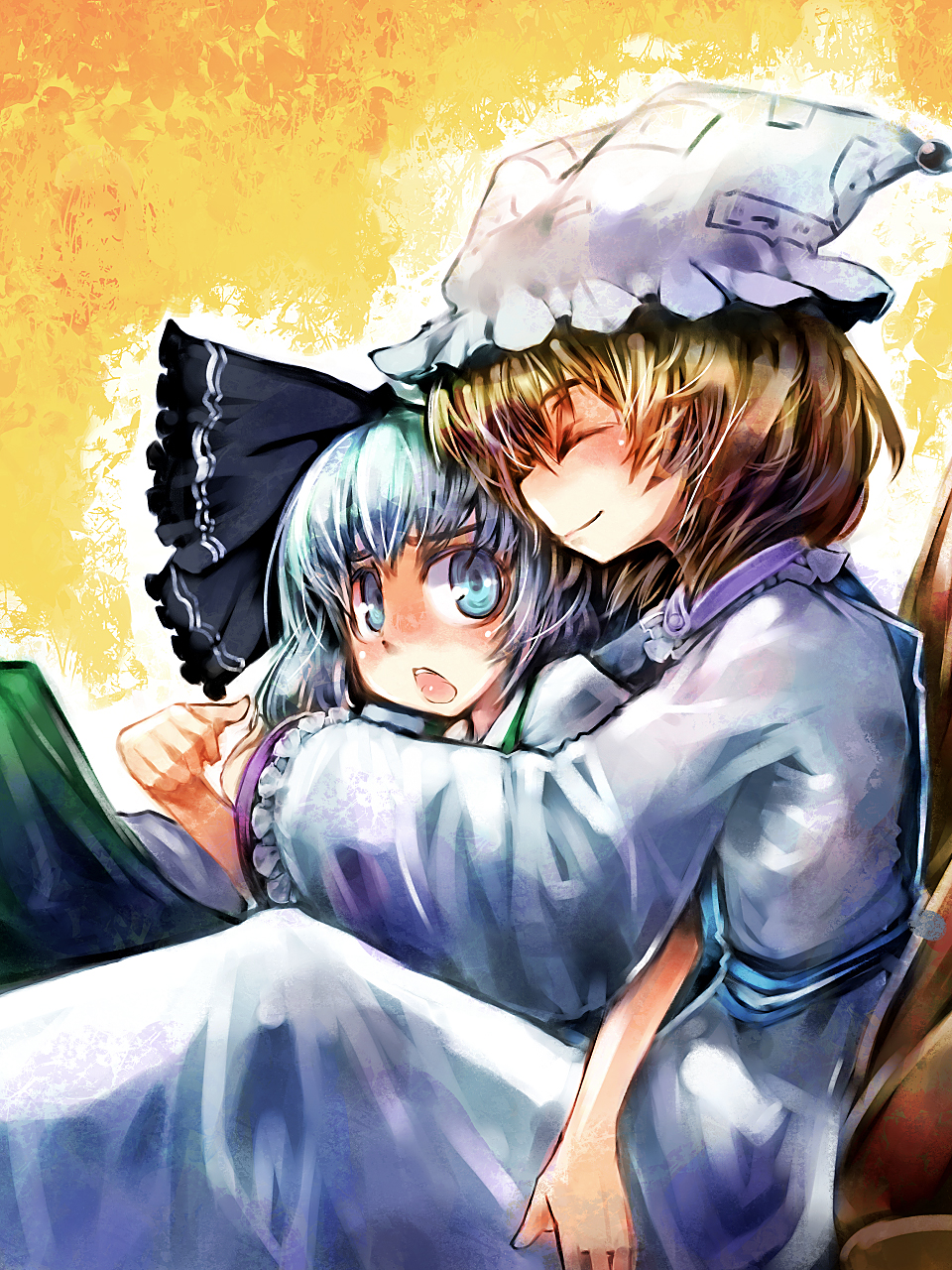 ukyo rst, konpaku youmu, yakumo ran, touhou, silver hair, highres, 2girls, blonde hair, blue eyes, closed eyes, female focus, hairband, hat, hug, hug from behind, multiple girls, open mouth, smile, wide sleeves