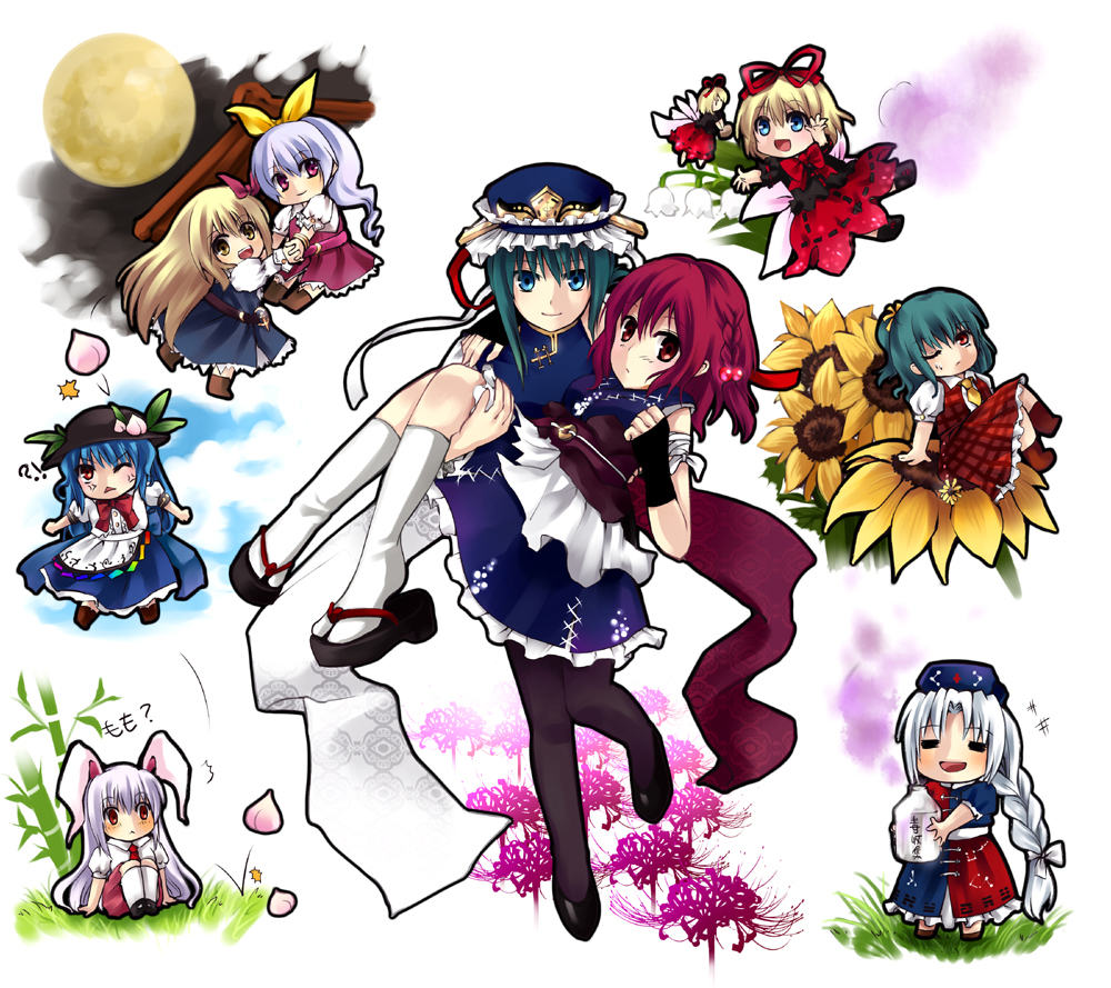 jing hu, kiyoshi mizuumi +, hinanawi tenshi, kazami yuuka, medicine melancholy, onozuka komachi, reisen udongein inaba, shiki eiki, su-san, watatsuki no toyohime, watatsuki no yorihime, yagokoro eirin, phantasmagoria of flower view, touhou, bad id, bad pixiv id, !?, 6+girls, :<, = =, alternate hairstyle, anger vein, animal ears, ascot, bamboo, carrying, chibi, female focus, flower, food, fruit, green hair, jug (bottle), lily of the valley, moon, multiple girls, on flower, pantyhose, peach, plaid clothes, plaid skirt, plaid vest, princess carry, rabbit ears, red eyes, red flower, short hair, skirt, skirt set, spider lily, sunflower, sweatdrop, triangle mouth, unmoving pattern, vest