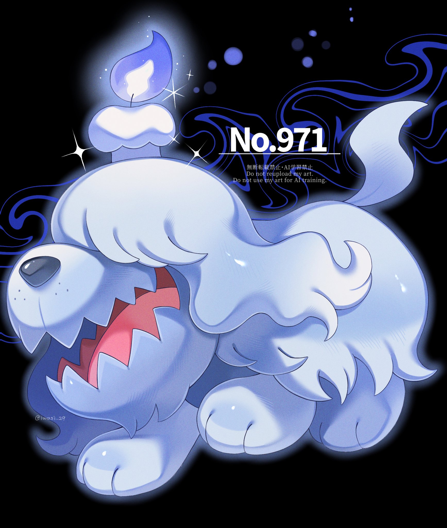 iwasi 29, greavard, nintendo, pokemon, highres, animal focus, candle, dog, fangs, fire, full body, grey fur, no humans, open mouth, pokemon (creature), pokemon focus, purple fire, single flame, skin fangs, smile, solo, tail, tongue