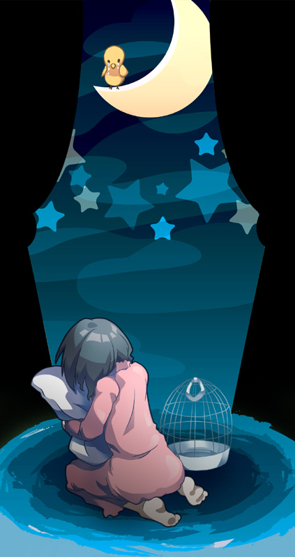 tekin, original, bad id, bad pixiv id, barefoot, bird, birdcage, cage, hugging object, pajamas, pillow, pillow hug, solo, sulking
