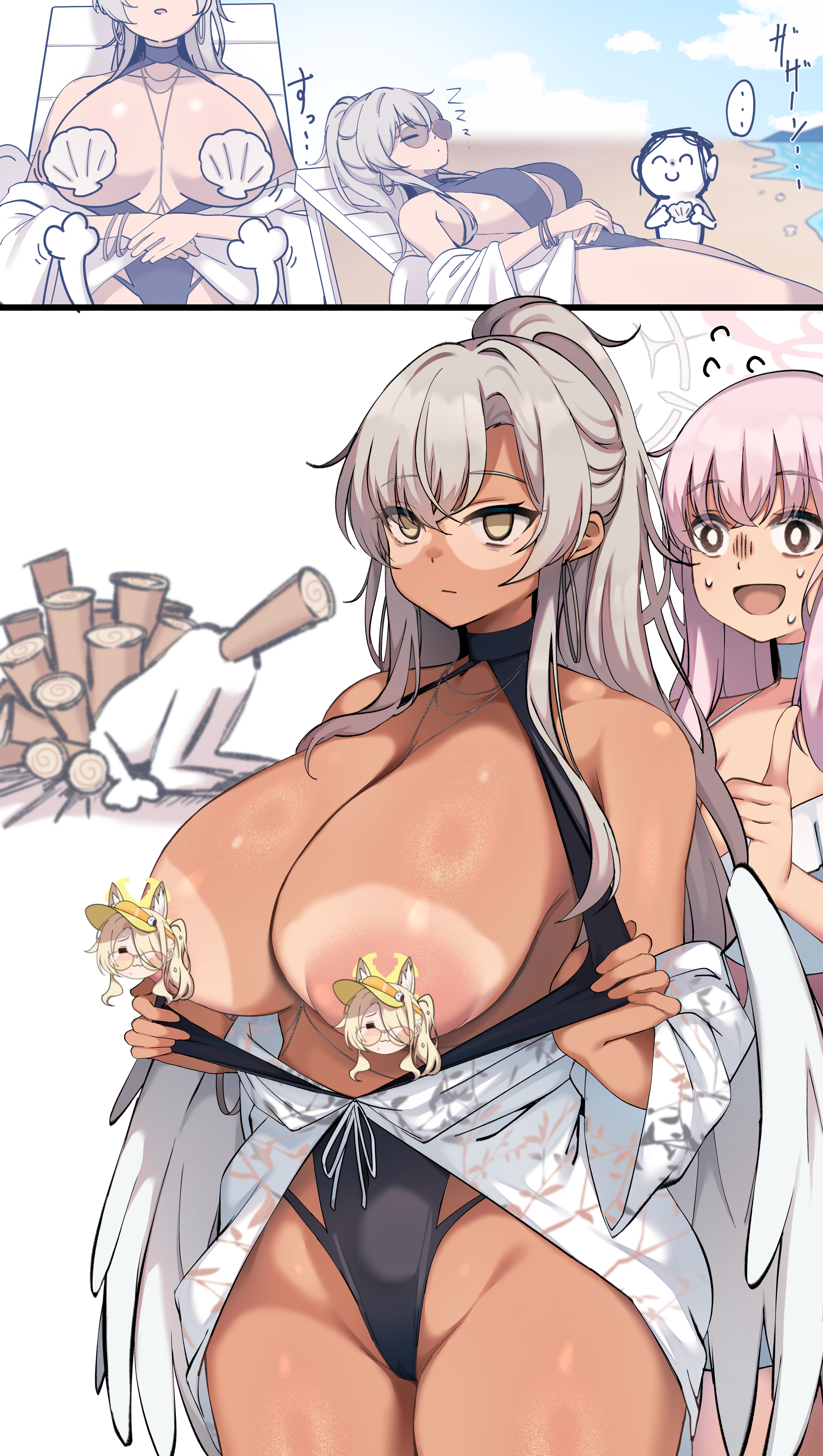 muyoshito, doodle sensei (blue archive), mika (blue archive), mika (swimsuit) (blue archive), nagisa (blue archive), nagisa (swimsuit) (blue archive), seia (blue archive), seia (swimsuit) (blue archive), sensei (blue archive), blue archive, absurdres, commentary request, highres, 1boy, 2girls, alternate breast size (larger), anal, anal object insertion, ass, backless outfit, beach, black one-piece swimsuit, breasts, censored, censored nipples, character censor, chibi, day, flower, hair flower, hair ornament, halo, halterneck, holding, holding shell, huge breasts, long hair, multiple girls, nipples, novelty censor, nude, object insertion, ocean, official alternate costume, official alternate hairstyle, one-piece swimsuit, outdoors, pink hair, ponytail, sand, scallop, seashell, shell, sleeping, sunglasses, surprised, swimsuit, tan, tanline, top-down bottom-up, wide-eyed, wings