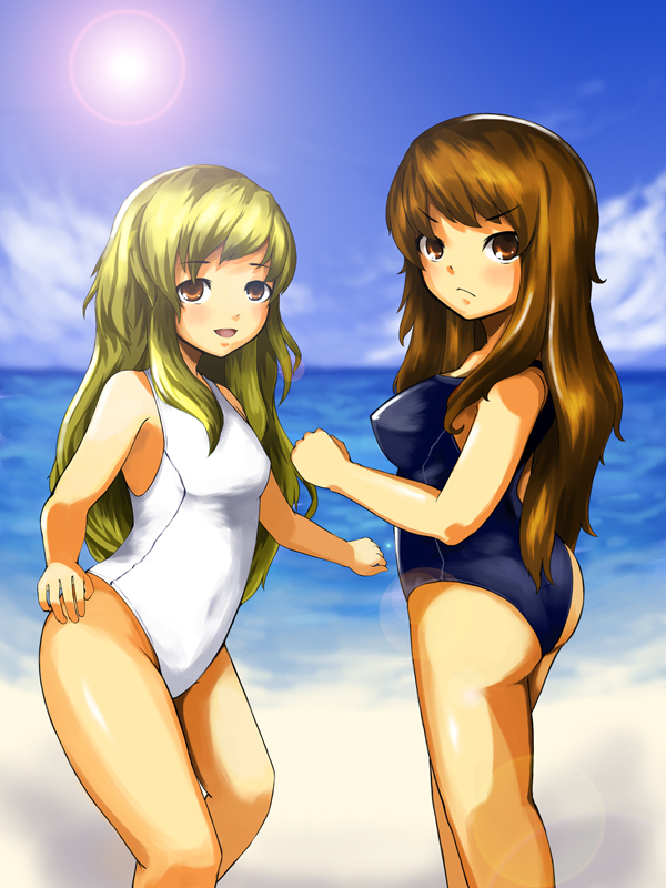 laboto, lily black, lily white, touhou, bad id, bad pixiv id, 2girls, ass, beach, blonde hair, blush, brown eyes, brown hair, day, female focus, long hair, multiple girls, ocean, one-piece swimsuit, swimsuit