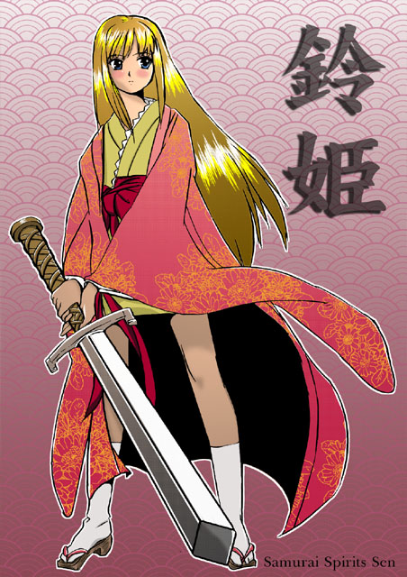 suzuhime, samurai spirits, snk, 1girl, blonde hair, blue eyes, blush, dress, female focus, holding, holding sword, holding weapon, long hair, long sleeves, looking at viewer, red dress, solo, sword, weapon, wide sleeves