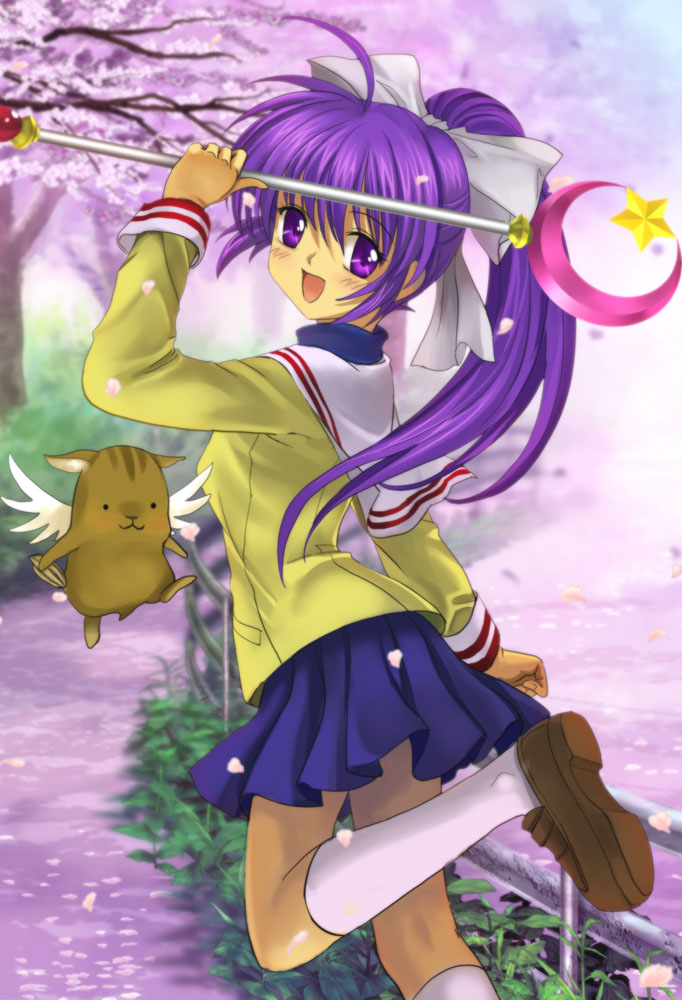 mutsuki (moonknives), botan (clannad), fujibayashi kyou, clannad, key (company), ahoge, blush, bow, cherry blossoms, hair ribbon, kneehighs, long hair, magical girl, parody, ponytail, purple eyes, purple hair, ribbon, school uniform, serafuku, skirt, socks, solo, staff