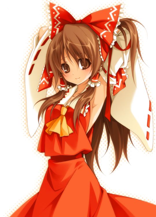 reina (black spider), hakurei reimu, imperishable night, touhou, 1girl, armpits, arms behind head, blush, bow, brown eyes, brown hair, detached sleeves, female focus, hair bow, japanese clothes, long hair, looking at viewer, miko, ribbon, smile, solo