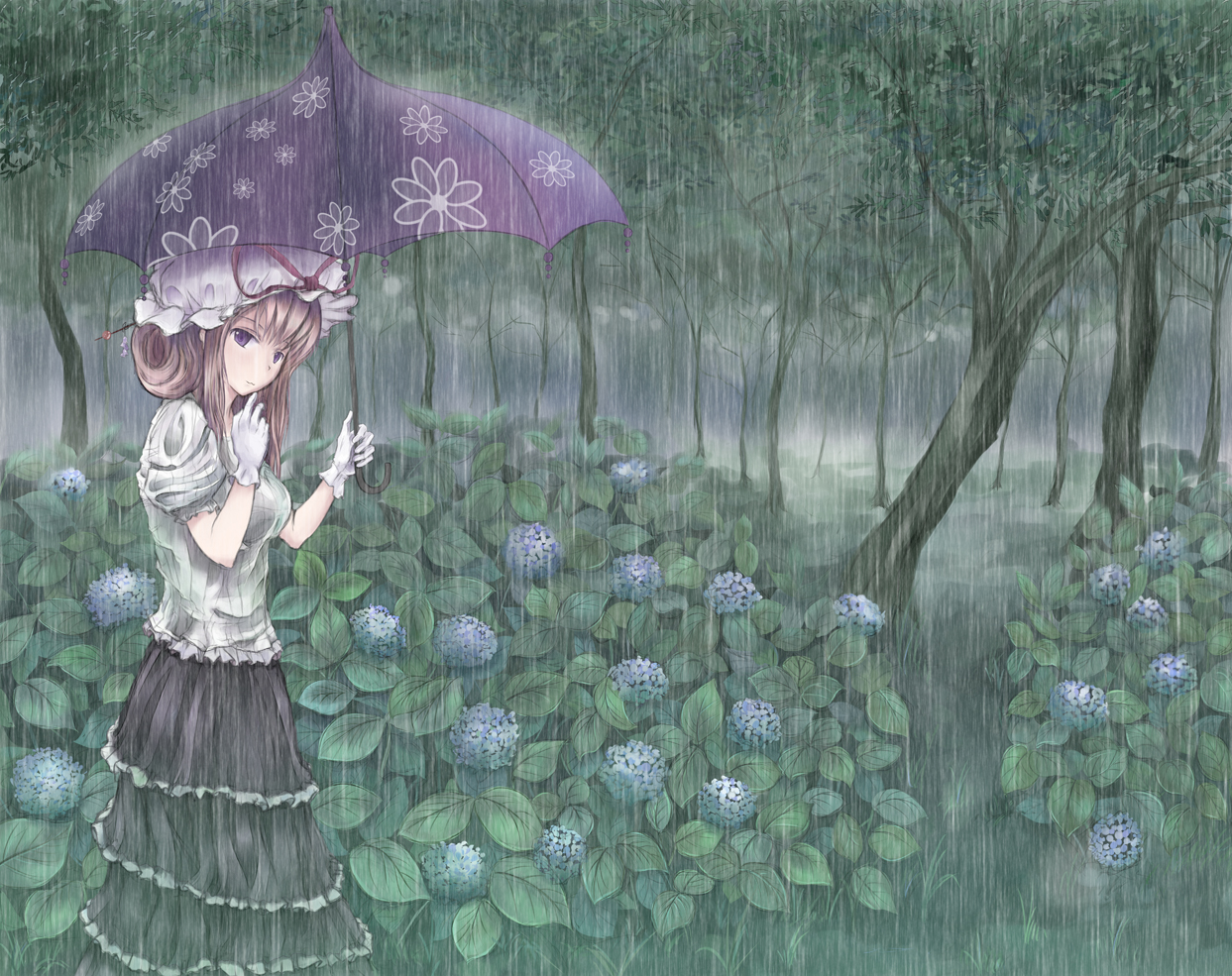 oumi (rsag), ryomo, yakumo yukari, touhou, bad id, bad pixiv id, 1girl, alternate costume, blonde hair, female focus, flower, forest, hair up, hat, hydrangea, looking at viewer, mob cap, nature, purple eyes, rain, ryomo (pixiv), solo, tree, umbrella, white hat
