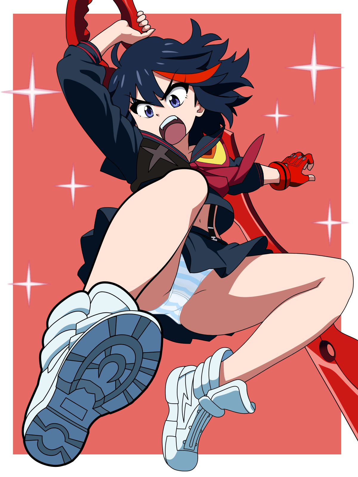 6kan, matoi ryuuko, senketsu, kill la kill, highres, 1girl, angry, ascot, black hair, blue eyes, blue panties, border, female focus, fingerless gloves, gloves, holding, holding sword, holding weapon, looking at viewer, medium hair, midair, midriff, multicolored hair, navel, open mouth, panties, pantyshot, pleated skirt, red ascot, red background, red gloves, red hair, school uniform, serafuku, shoes, simple background, skirt, sneakers, solo, sparkle, streaked hair, striped clothes, striped panties, suspenders, sword, teeth, two-tone hair, two-tone panties, underwear, upper teeth only, upskirt, weapon, white panties, white shoes
