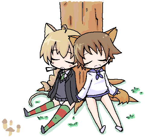 lynette bishop, miyafuji yoshika, strike witches, world witches series, multicolored legwear, striped legwear, 00s, 2girls, ahoge, animal ears, multiple girls, oekaki, open mouth, pants, school uniform, serafuku, sleeping, striped clothes, striped pants, striped thighhighs, tail, thighhighs