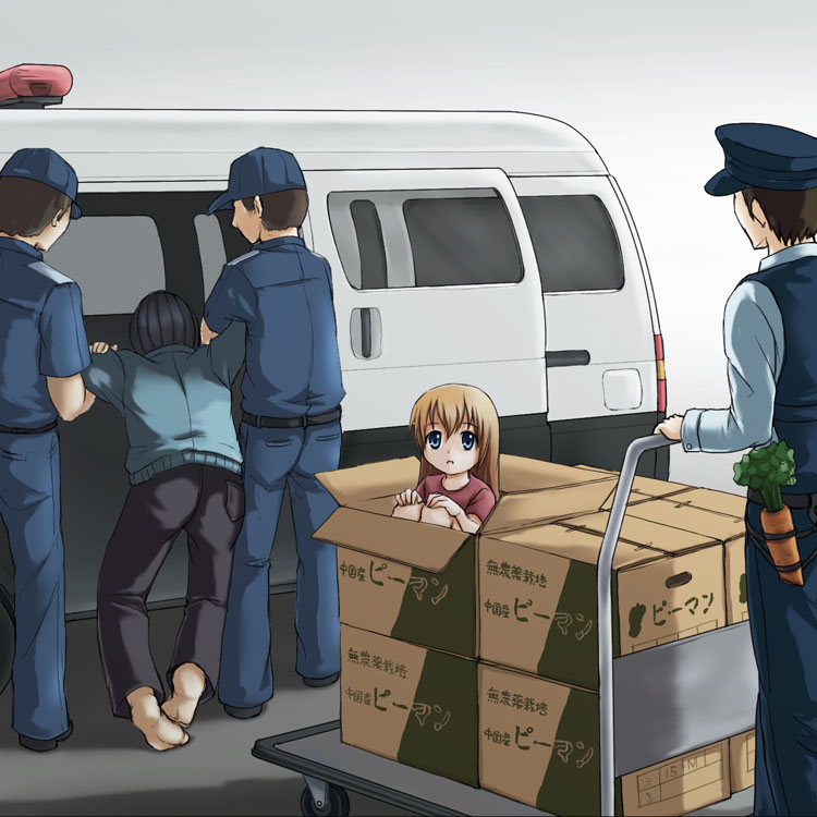 beidan, vehicle, translation request, 1girl, 4boys, arrest, balaclava, barefoot, blue eyes, blue pants, blue shirt, box, brown hair, cardboard box, carrot, cart, child, dragging, facing away, hands on own knees, hat, in box, in container, japan national police, knees to chest, long hair, long sleeves, looking at viewer, motor vehicle, multiple boys, pants, peaked cap, police, police hat, police uniform, police van, shirt, short sleeves, t-shirt, van, vest, what