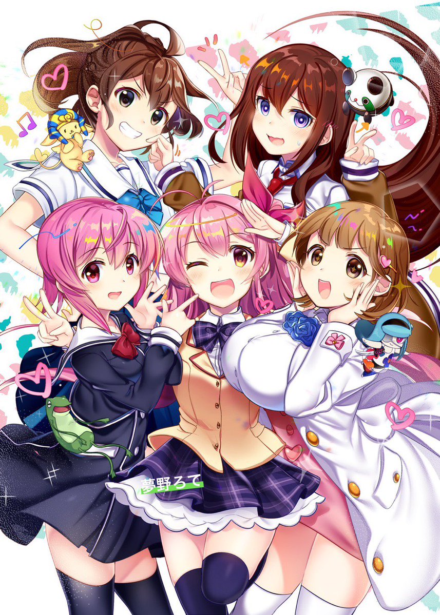 rotte (1109), makise kurisu, narusawa ryouka, onoe serika, sakihata rimi, senomiya akiho, upa (steins;gate), zonko (occultic;nine), chaos;child, chaos;head, occultic;nine, robotics;notes, science adventure, steins;gate, 1girl, ;d, arm belt, belt, black pantyhose, black shorts, black thighhighs, blazer, blue bow, blue hair, blue skirt, blush, bow, bowtie, braid, breast pocket, breasts, brown eyes, brown hair, brown jacket, buttons, chest bow, chuo tanegashima high school uniform, coat, collared shirt, cropped jacket, cropped shirt, double-breasted, dress shirt, dress vest, gero-froggy, grin, hair between eyes, hair bow, hair ornament, hair over shoulder, half up braid, hand on own face, heart, heart button, heart hair ornament, hekiho academy school uniform, high-waist skirt, high ponytail, huge breasts, in-franchise crossover, jacket, jacket partially removed, lapels, leather belt, long sleeves, looking at viewer, miniskirt, necktie, nervous sweating, notched lapels, one eye closed, one side up, open mouth, pantyhose, petticoat, phinx (robotics;notes), pink eyes, pink hair, pink skirt, plaid bow, plaid bowtie, plaid clothes, plaid necktie, plaid skirt, pleated skirt, pocket, ponytail, ponytail with braided base, purple bow, purple bowtie, purple eyes, purple skirt, purple trim, red bow, red necktie, sailor collar, school uniform, shirt, short hair with long locks, short sleeves, shorts, skirt, small breasts, smile, suimei academy school uniform, sweat, teeth, thighhighs, tongue, upper teeth only, v, waving, wavy mouth, white belt, white coat, white sailor collar, white shirt, white thighhighs