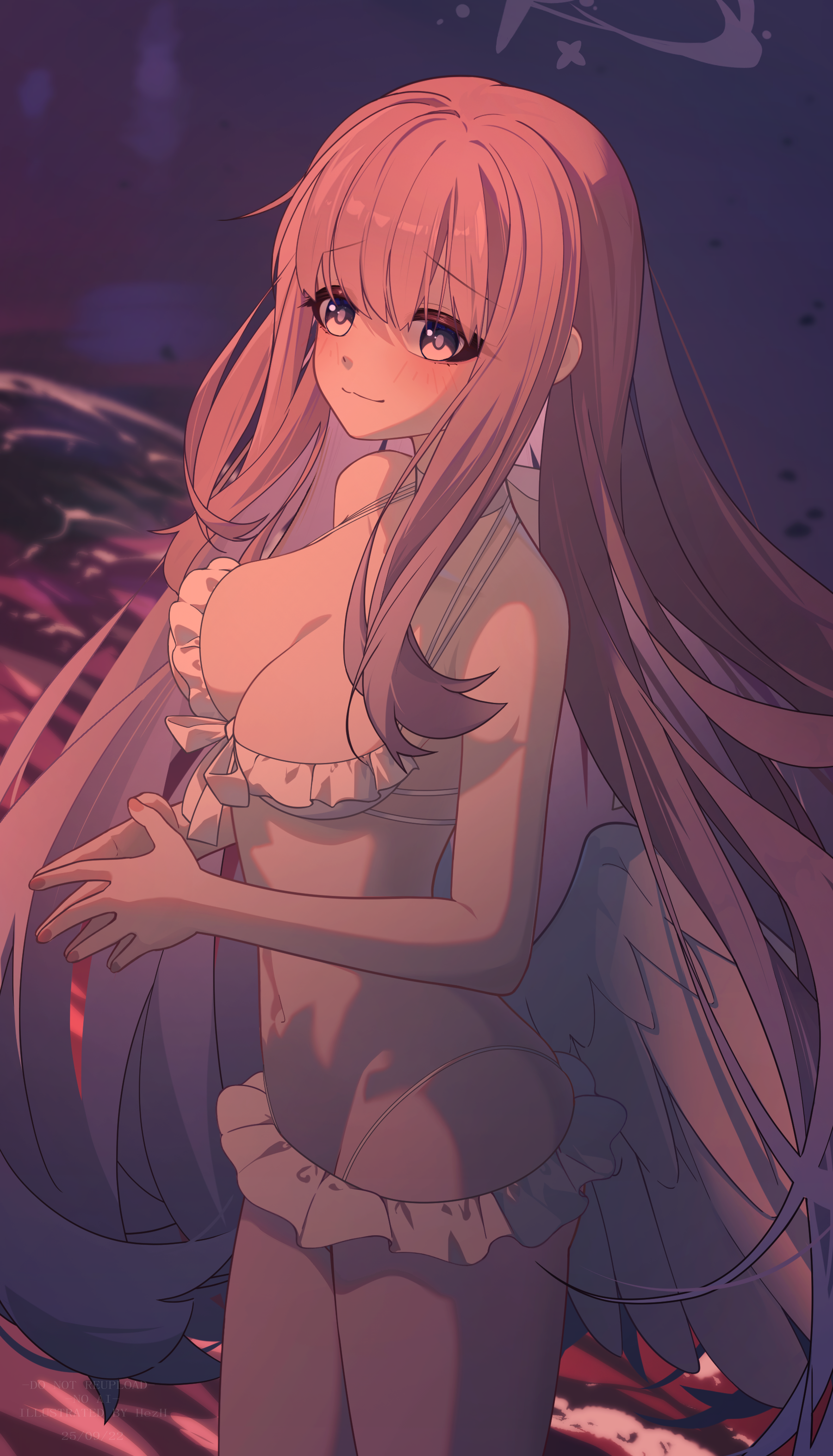 hezihe, mika (blue archive), mika (swimsuit) (blue archive), blue archive, absurdres, highres, 1girl, angel wings, beach, bikini, blush, breasts, choker, cleavage, closed mouth, feathered wings, frilled bikini, frills, hair ornament, halo, large breasts, long hair, low wings, official alternate costume, official alternate hairstyle, pink hair, pink halo, purple eyes, smile, solo, swimsuit, very long hair, white bikini, white choker, white wings, wings