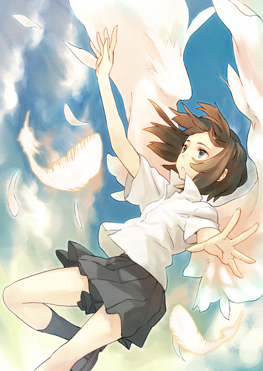 houru, original, highres, angel wings, blue eyes, brown hair, falling, feathers, midair, short hair, skirt, solo, wings