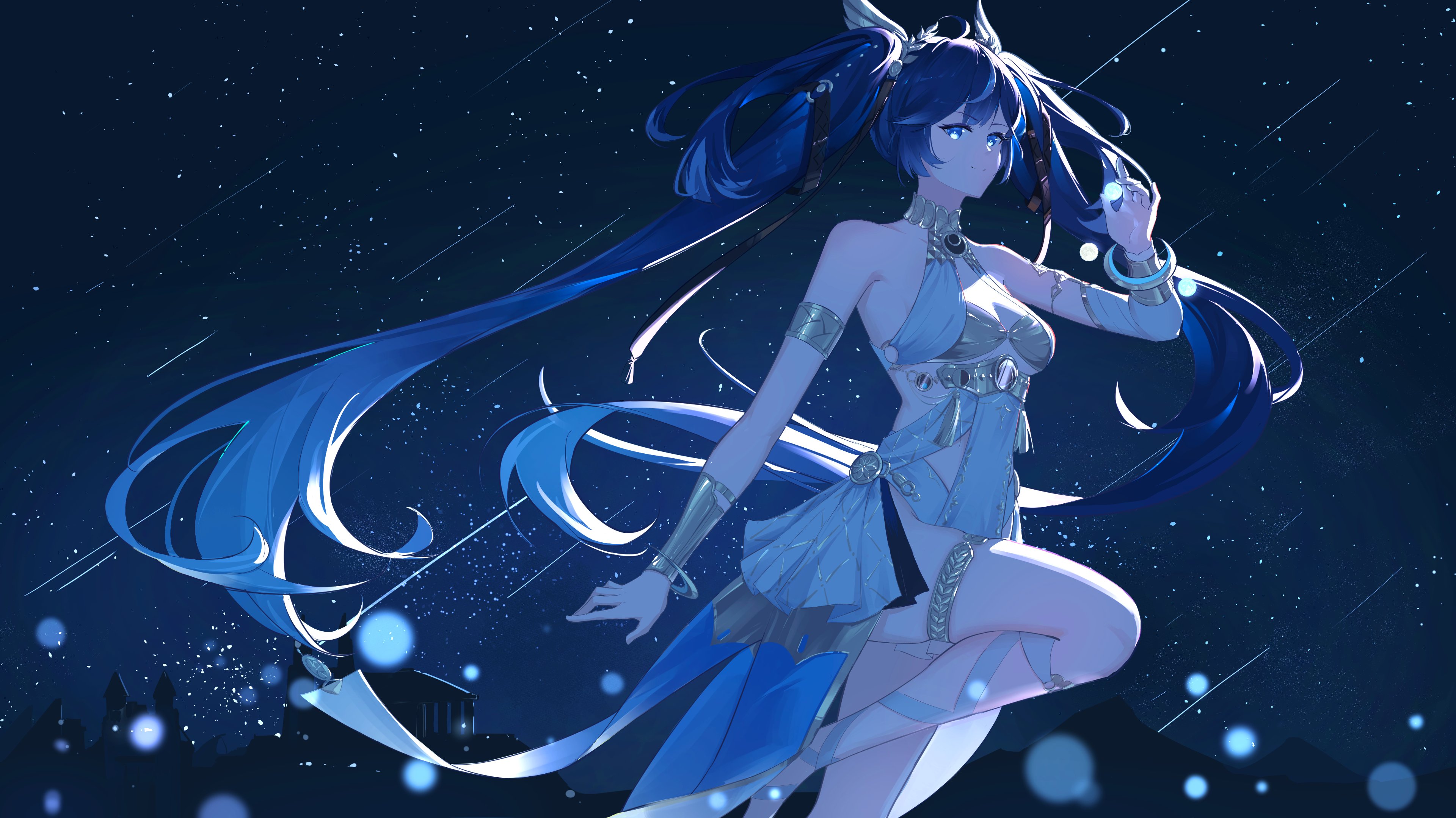 yume 3327, iuno (wuthering waves), wuthering waves, absurdres, commentary, highres, symbol-only commentary, 1girl, ancient greek clothes, armlet, bare shoulders, blue eyes, blue hair, breasts, cleavage, closed mouth, gold bra, gradient hair, greco-roman clothes, hair belt, holding orb, jewelry, laurel crown, leg wrap, long hair, looking at viewer, medium breasts, multicolored hair, night, night sky, outdoors, sky, smile, solo, streaked hair, thighlet, twintails, vambraces, very long hair