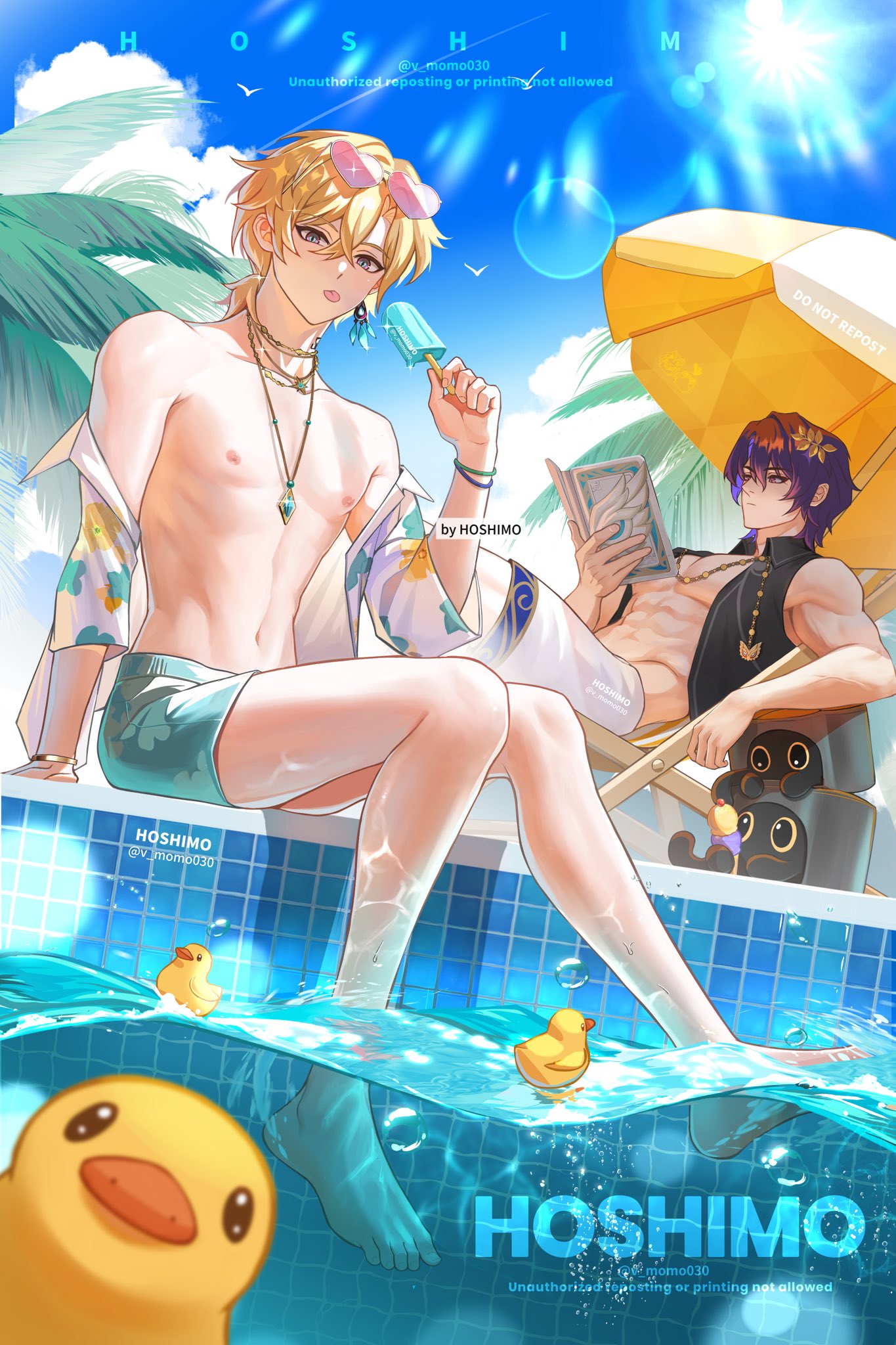 v momo030, aventurine (honkai: star rail), critter pick (honkai: star rail), dr. ratio (honkai: star rail), honkai: star rail, honkai (series), highres, 2boys, aqua eyes, aqua male swimwear, barefoot, black jacket, blonde hair, book, earrings, eyewear on head, feet, floral print, food, hair between eyes, heart, heart-shaped eyewear, holding, holding book, holding food, holding popsicle, jacket, jewelry, male focus, male swimwear, multicolored eyes, multiple boys, navel, necklace, nipples, open clothes, open jacket, open shirt, pink-framed eyewear, pink eyes, pool, popsicle, purple hair, rubber duck, shirt, short hair, single earring, stomach, toes, tongue, tongue out, topless male, water, white male swimwear, white shirt