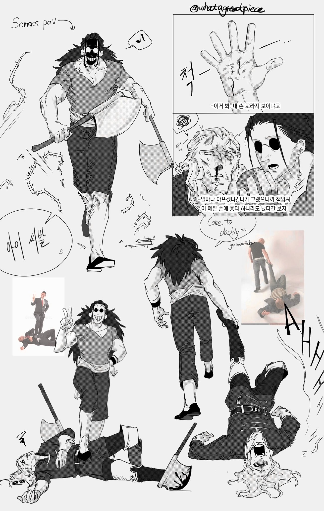 whatagreatpiece, scopper gaban, shepherd sommers, one piece, highres, translation request, 2boys, aged down, armlet, axe, battle axe, beard, black hair, black shorts, blood, blood on face, blood on hands, bloody weapon, boots, capri pants, defeat, dragging, english text, facial hair, gloves, grabbing another's face, grey shirt, grin, head grab, holding, holding weapon, injury, jewelry, knee boots, korean text, long hair, lying, male focus, military uniform, monochrome, multiple boys, muscular, muscular male, musical note, open mouth, pants, photo inset, reference inset, scared, screaming, shirt, short sleeves, shorts, smile, speech bubble, spoken musical note, stepped on, sunglasses, thorns, twitter username, v, weapon, white gloves, white hair