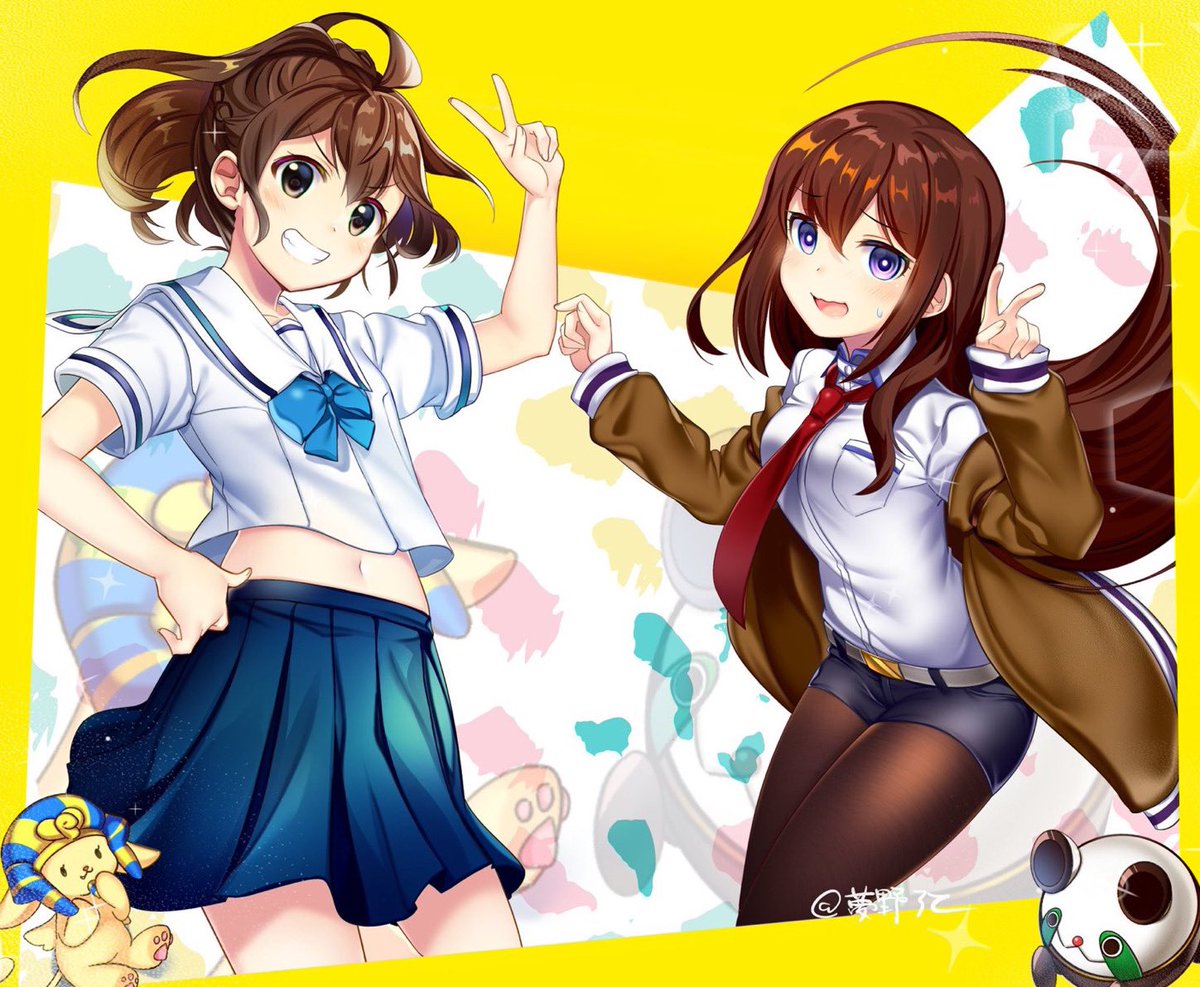 rotte (1109), makise kurisu, senomiya akiho, upa (steins;gate), robotics;notes, science adventure, steins;gate, shiny lips, 2girls, arm belt, black shorts, blue bow, blush, bow, braid, breast pocket, breasts, brown eyes, brown hair, brown jacket, chest bow, chuo tanegashima high school uniform, collared shirt, cropped shirt, embarrassed, fingernails, grin, hair between eyes, hair over shoulder, half up braid, high ponytail, in-franchise crossover, jacket, jacket partially removed, long hair, looking at viewer, midriff, multiple girls, navel, necktie, open mouth, pantyhose, pantyhose under shorts, phinx (robotics;notes), pocket, ponytail, ponytail with braided base, purple eyes, purple trim, red necktie, ringed eyes, sailor collar, school uniform, shirt, short shorts, short sleeves, shorts, small breasts, smile, thighhighs, tongue, v, very long hair, wavy mouth, white sailor collar, white shirt