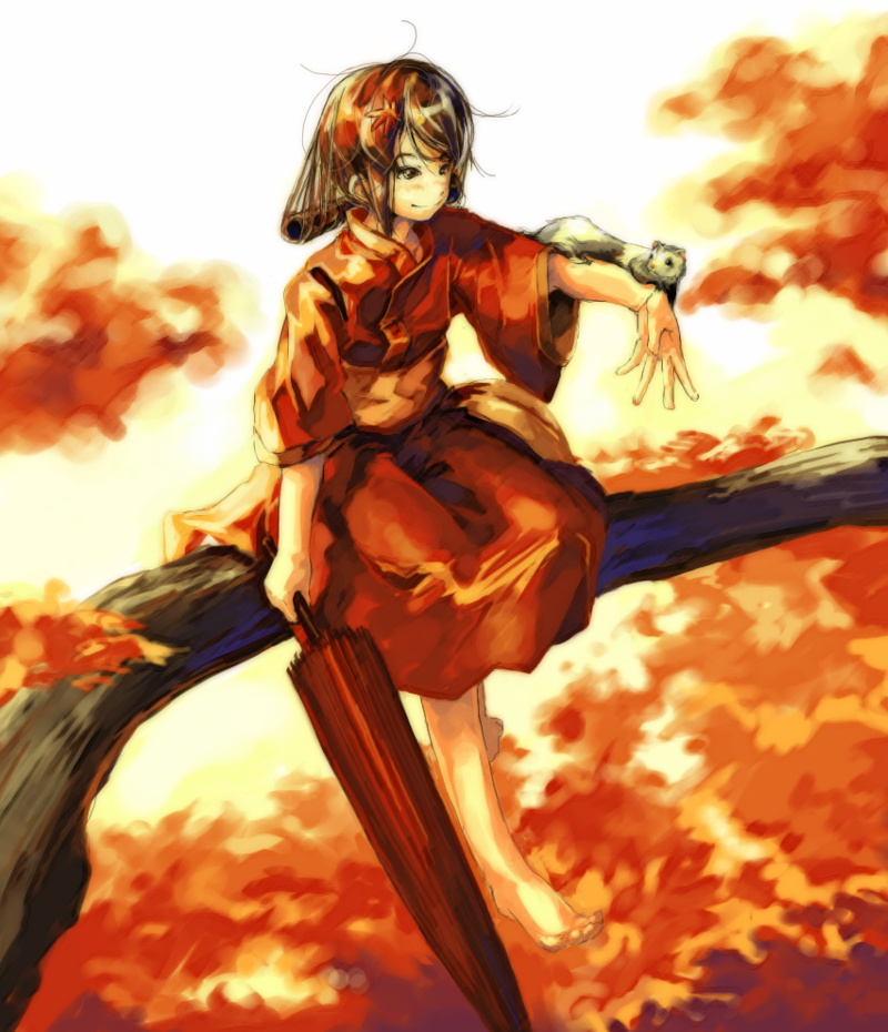 myu, original, 1girl, female focus, ferret, japanese clothes, kimono, red kimono, short hair, sitting, solo, umbrella, yukata