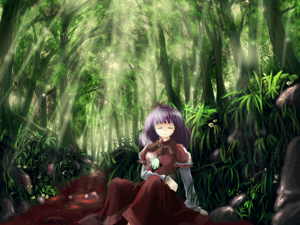 risutaru, yasaka kanako, touhou, bad id, md5 mismatch, 1girl, closed eyes, female focus, forest, hair ornament, layered sleeves, light rays, long sleeves, mirror, nature, purple hair, rock, rope, scenery, shimenawa, short hair, short over long sleeves, short sleeves, solo, sunbeam, sunlight
