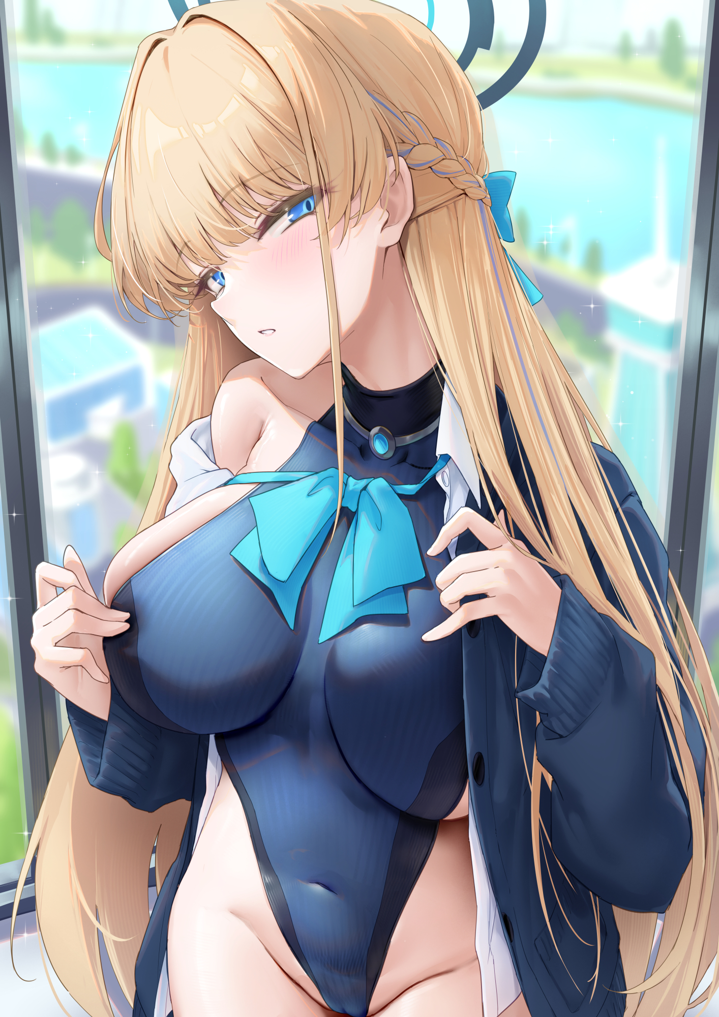 xfate, toki (blue archive), blue archive, commentary request, highres, 1girl, blonde hair, blue bow, blue bowtie, blue cardigan, blue eyes, blue halo, blue one-piece swimsuit, blue streaks, blush, bow, bowtie, breasts, cameltoe, cardigan, covered navel, groin, hair bow, hair intakes, halo, hands up, head tilt, highleg, highleg one-piece swimsuit, indoors, large breasts, long hair, long sleeves, looking at viewer, multicolored hair, one-piece swimsuit, open cardigan, open clothes, open shirt, parted lips, shirt, solo, standing, streaked hair, swimsuit, teeth, very long hair, white shirt, window