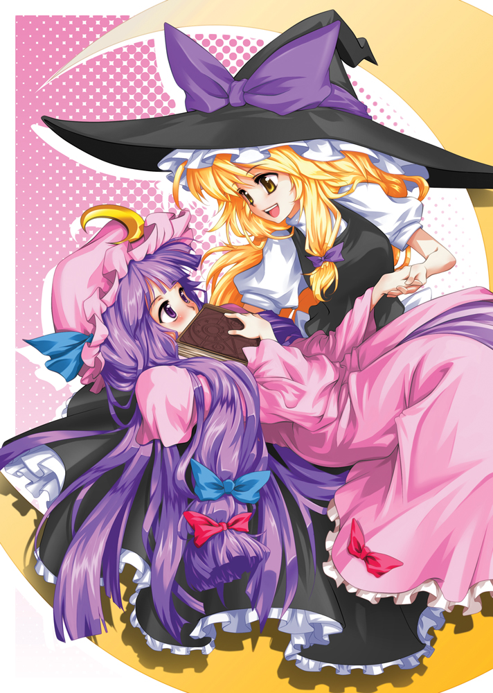 hong (white spider), kirisame marisa, patchouli knowledge, touhou, bad id, bad pixiv id, photoshop (medium), 2girls, blonde hair, blush, book, bow, covering own mouth, crescent, crescent hat ornament, crescent moon, eye contact, female focus, hair bow, hat, hat ornament, holding hands, long hair, looking at another, moon, multiple girls, open mouth, purple hair, ribbon, robe, shy, smile, very long hair, witch hat, yuri