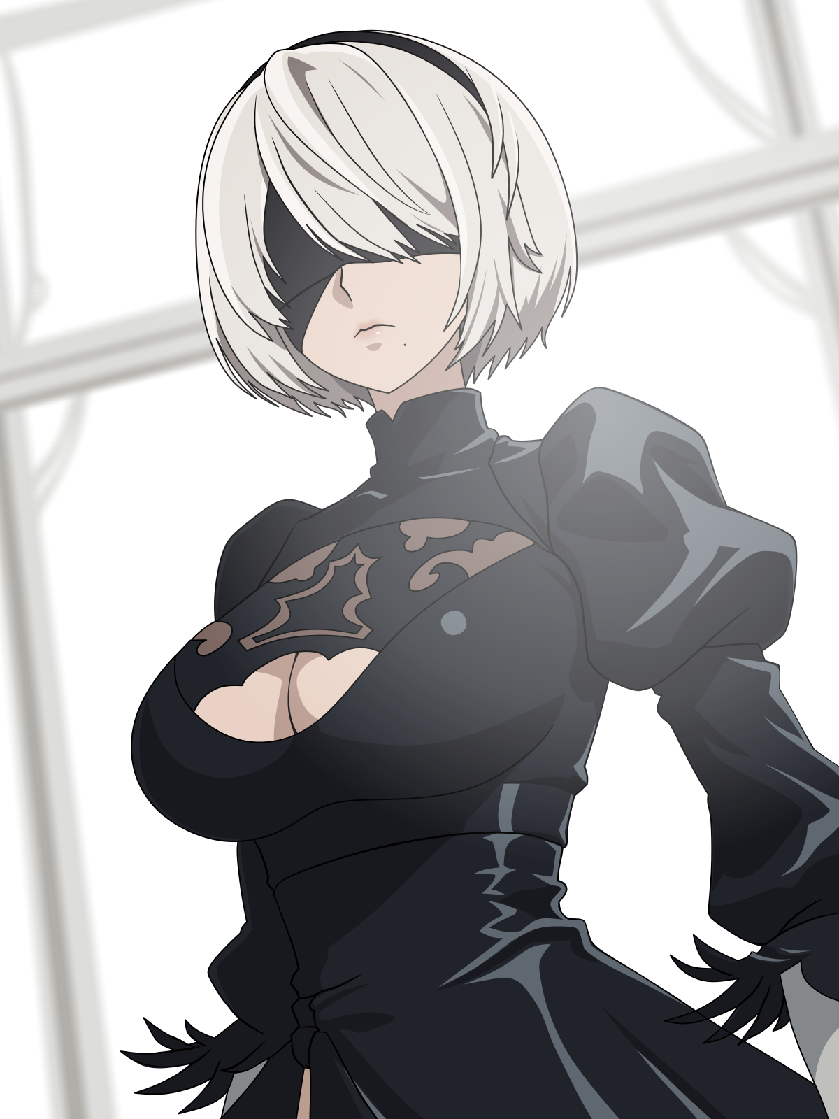 6kan, 2b (nier:automata), nier:automata, nier (series), highres, 1girl, black dress, black hairband, blindfold, breasts, cleavage, cleavage cutout, closed mouth, clothing cutout, dress, female focus, frown, hairband, large breasts, looking at viewer, mole, mole under mouth, short hair, solo, standing, upper body, white hair
