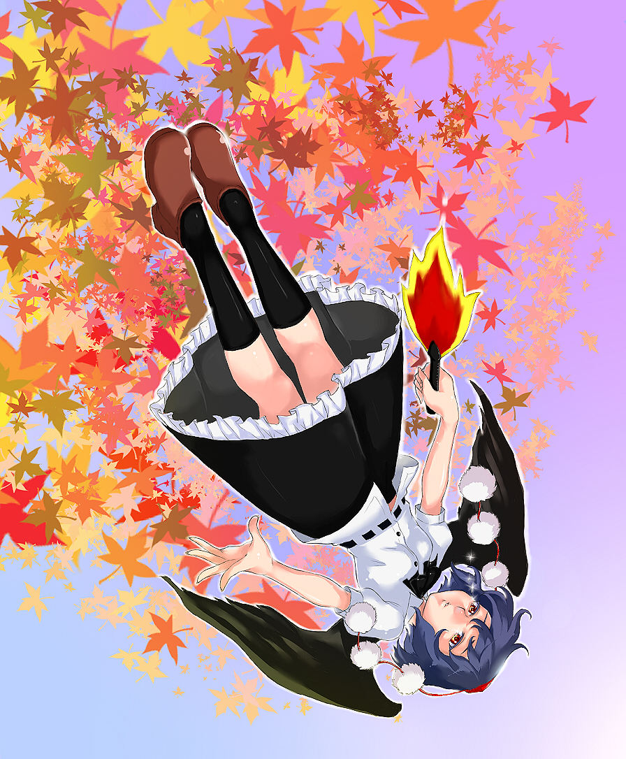 padawan (pixiv42380), shameimaru aya, touhou, looking away, 1girl, expressionless, falling, female focus, hand fan, leaf, looking up, solo, tears