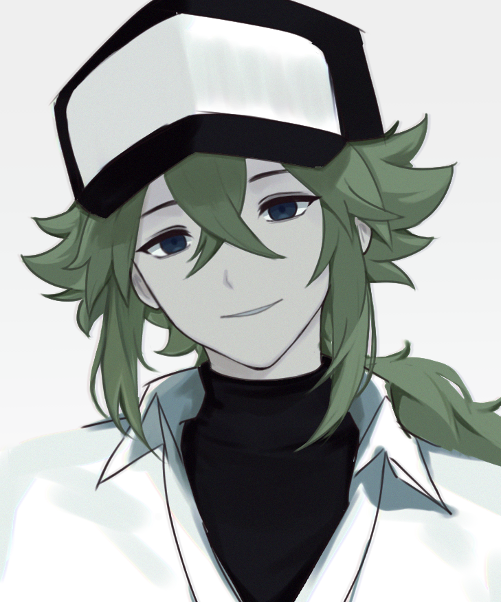 n (pokemon), nintendo, pokemon, pokemon bw, commentary request, 1boy, black hat, collared shirt, crossed bangs, green hair, hair between eyes, hat, long hair, male focus, shirt, simple background, siriuslkun, smile, solo, undershirt, upper body, white background, white shirt