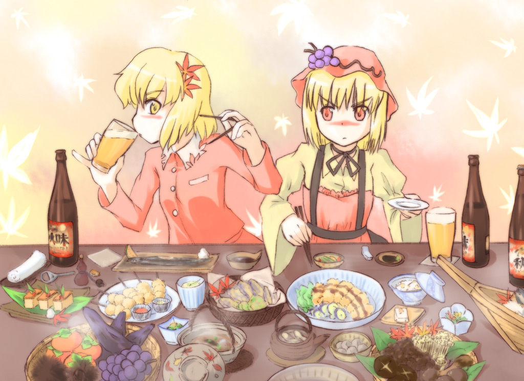 sakaki soshi, aki minoriko, aki shizuha, touhou, 2girls, alcohol, beer, blonde hair, eating, female focus, food, hair ornament, leaf hair ornament, multiple girls, short hair, siblings, sisters