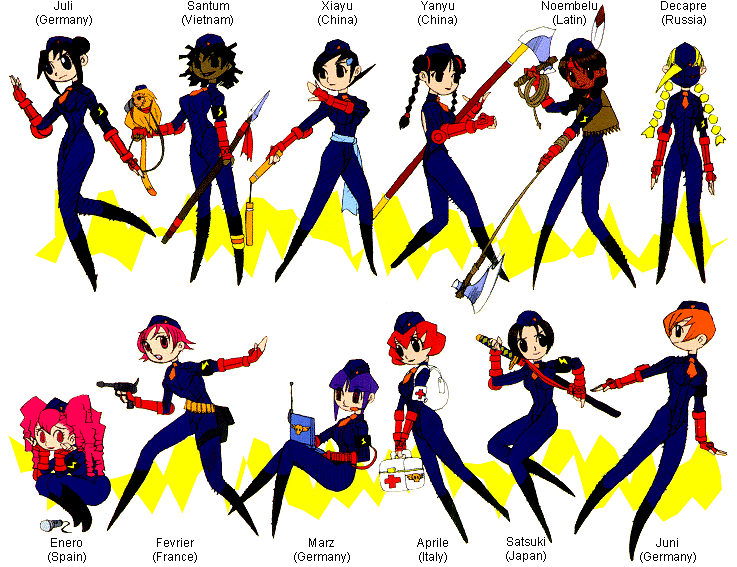aprile, decapre, enero, fevrier, jianyu, juli (street fighter), juni (street fighter), maerz, marz, noembelu, santamu, satsuki (street fighter), xiayu, capcom, street fighter, street fighter zero (series), 1990s (style), 6+girls, axe, computer, hat, laptop, mascot, mask, microphone, multiple girls, polearm, retro artstyle, shadaloo dolls, spandex, spear, sword, weapon