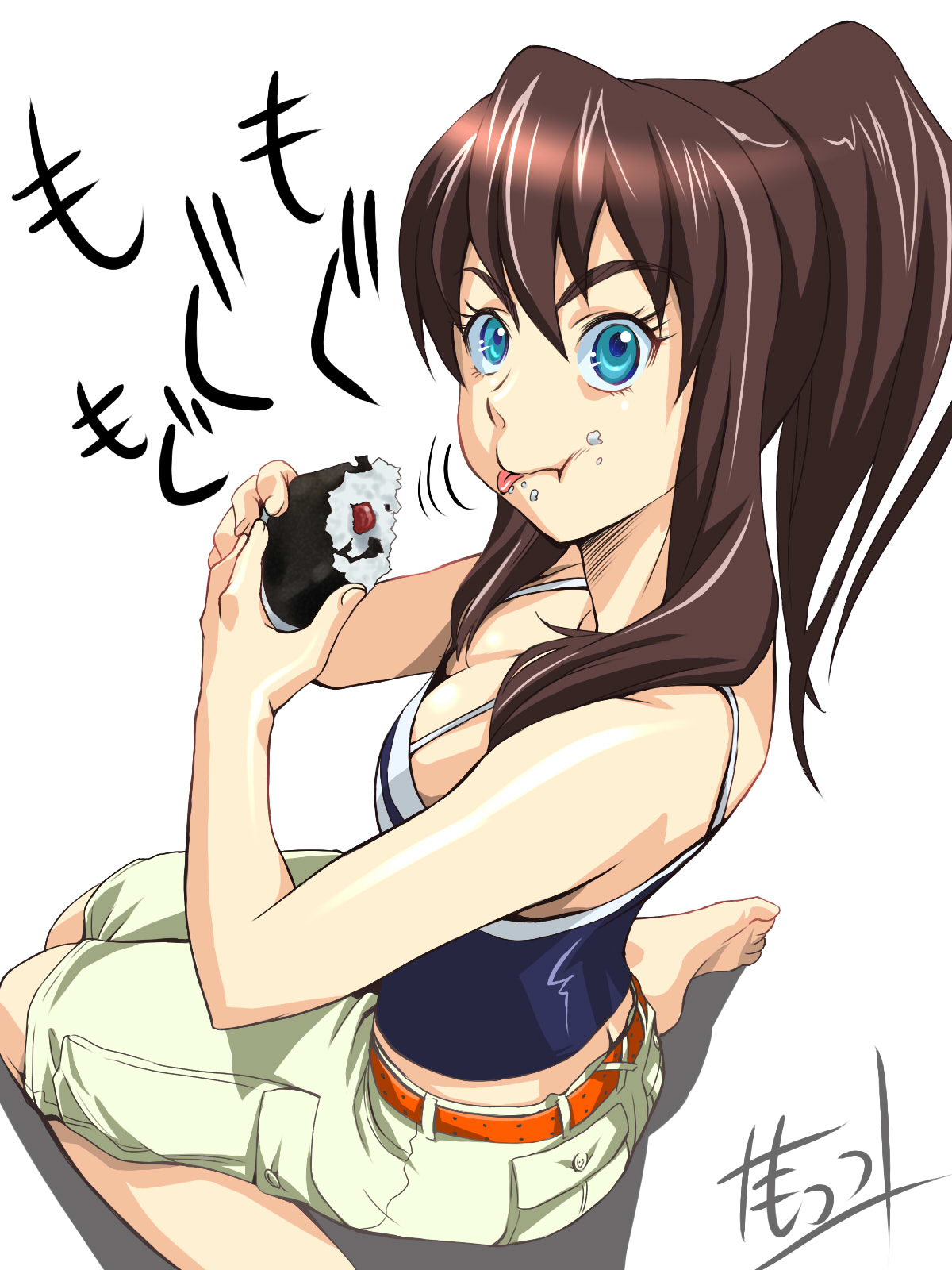 mots, arita shion, birdy cephon altera, tetsuwan birdy, tetsuwan birdy decode, bad id, bad pixiv id, highres, 00s, 1girl, ass, barefoot, breasts, butt crack, cleavage, downblouse, eating, feet, female focus, food, foreshortening, from above, onigiri, solo