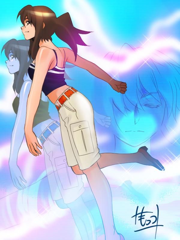mots, arita shion, birdy cephon altera, tetsuwan birdy, tetsuwan birdy decode, bad id, bad pixiv id, 00s, 1girl, back, bare shoulders, belt, breasts, brown eyes, brown hair, crop top, from side, looking at viewer, midriff, ponytail, profile, shirt, shoes, shorts, sleeveless, sleeveless shirt, smile, tank top, wide ponytail