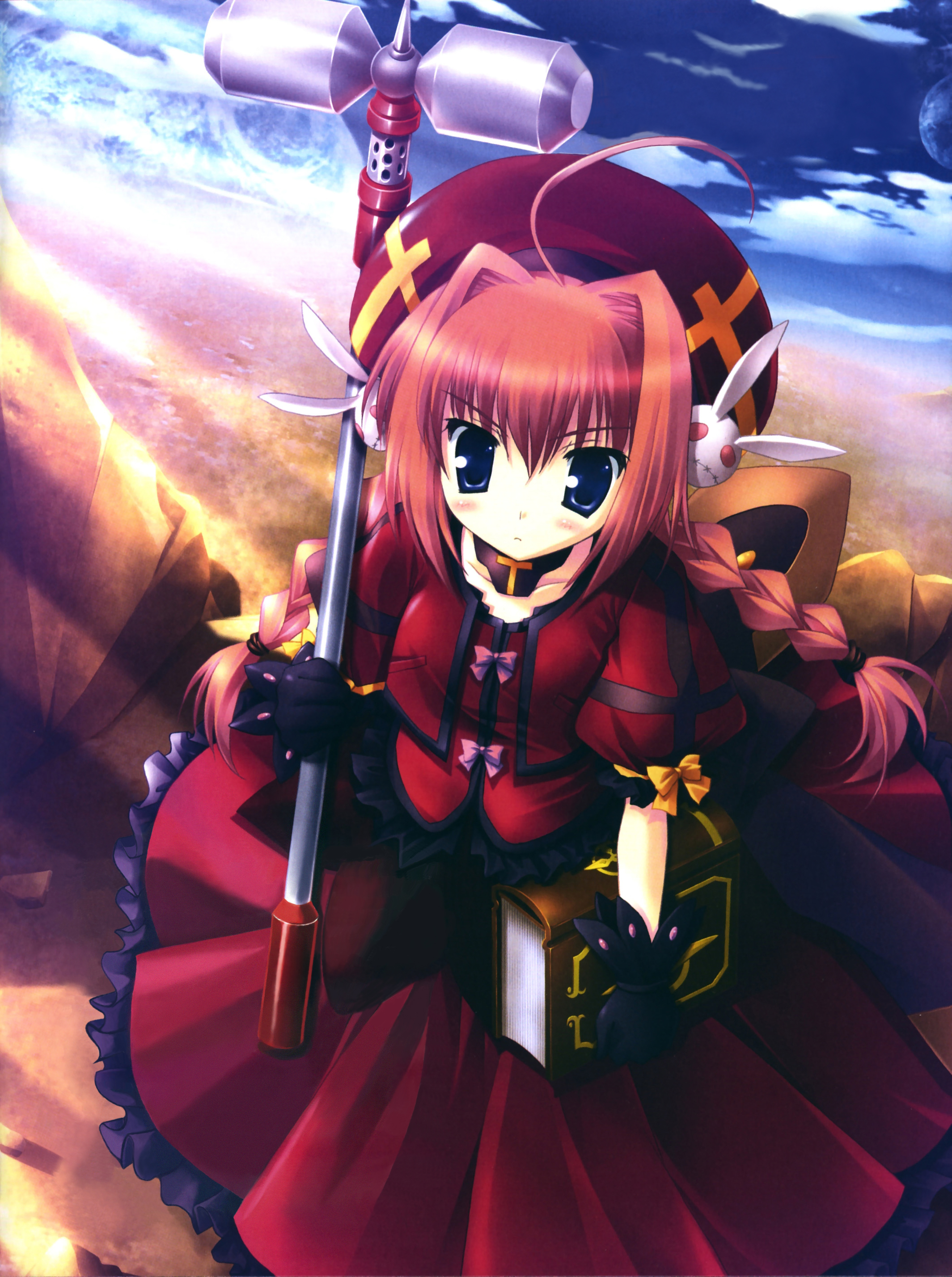 ikegami akane, graf eisen, vita (nanoha), lyrical nanoha, mahou shoujo lyrical nanoha, mahou shoujo lyrical nanoha a's, absurdres, highres, non-web source, 00s, blue eyes, book, braid, dress, gloves, hammer, hat, red hair, skirt, twin braids, twintails