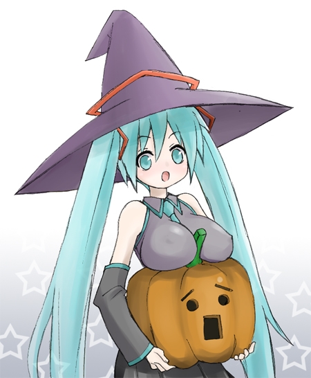 shuuhei (artist), shuuhei (shoohey), hatsune miku, vocaloid, 1girl, aqua hair, breast rest, breasts, carried breast rest, carrying, female focus, hat, jack-o'-lantern, large breasts, pumpkin, solo, twintails, witch hat