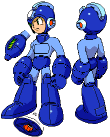 ariga hitoshi, mega man (character), capcom, mega man (classic), mega man (series), mega man megamix, lowres, 1boy, android, arm cannon, blue eyes, full body, helmet, multiple views, oekaki, standing, weapon