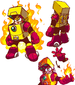 ariga hitoshi, heat man, capcom, mega man (classic), mega man (series), mega man 2, mega man megamix, lowres, 1boy, bodysuit, fire, from behind, full body, multiple views, standing, transparent background