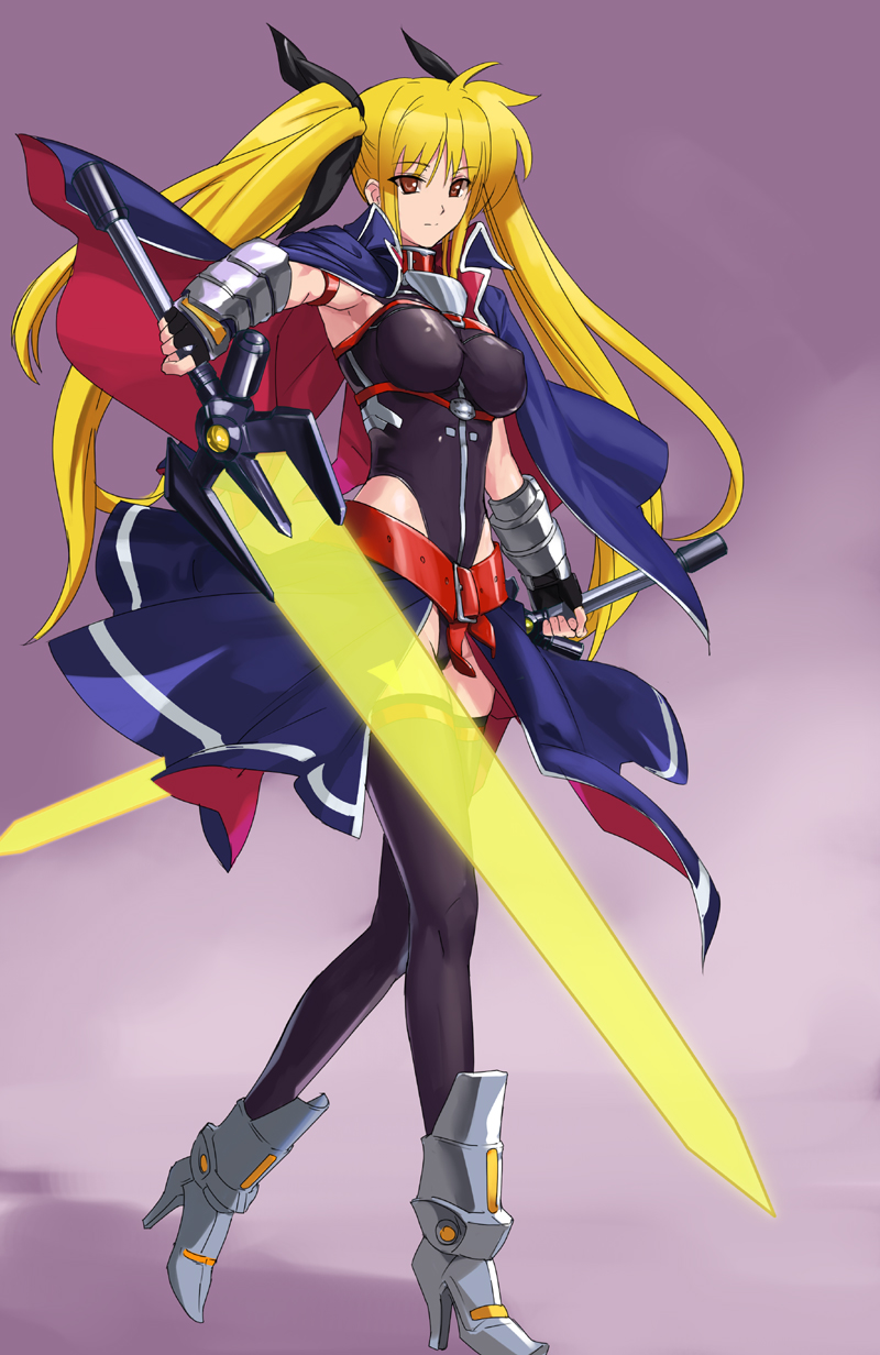 makacoon, bardiche (nanoha), bardiche (riot zanber stinger) (nanoha), fate testarossa, lyrical nanoha, mahou shoujo lyrical nanoha, mahou shoujo lyrical nanoha strikers, highres, 00s, blonde hair, dual wielding, energy sword, fingerless gloves, gloves, high heels, holding, long hair, red eyes, shoes, solo, sword, thighhighs, twintails, very long hair, weapon