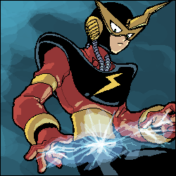 ariga hitoshi, elec man, capcom, mega man (classic), mega man (series), mega man 1, mega man megamix, lowres, 1boy, bodysuit, domino mask, electricity, helmet, logo, male focus, mask, solo, upper body