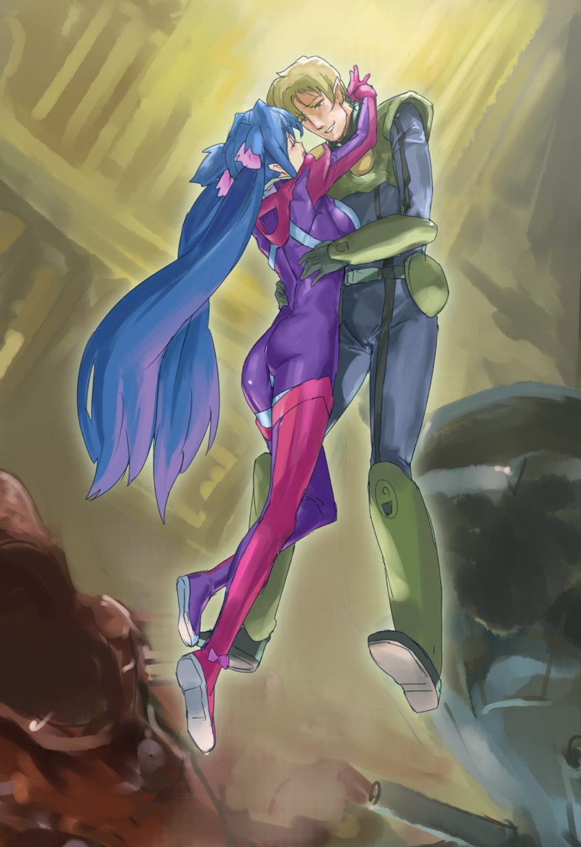 makacoon, klan klein, meltrandi, mikhail buran, queadluun-rea, zentradi, macross, macross frontier, pilot suit, purple footwear, highres, 00s, 1boy, 1girl, armor, ass, blue hair, bodysuit, boots, closed eyes, couple, floating, giant, giantess, good end, hangar, hetero, hug, legs, long hair, mecha, pointy ears, power armor, power suit, purple bodysuit, robot, spacesuit, thigh boots, thighhighs, twintails, very long hair, zero gravity