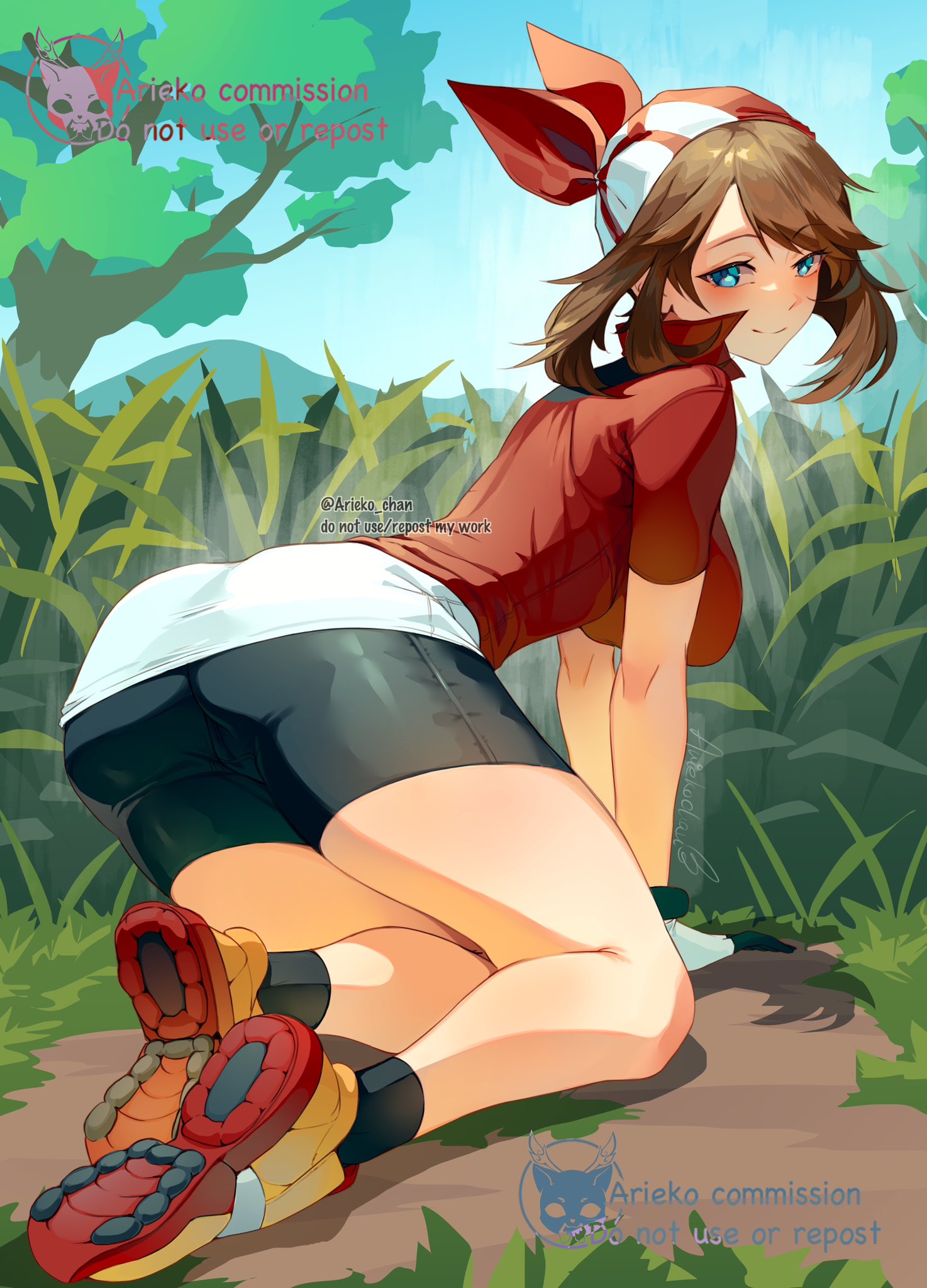 ariekochan, may (pokemon), nintendo, pokemon, pokemon rse, commentary, english commentary, highres, paid reward available, 1girl, ass, bandana, bike shorts, bike shorts under shorts, black socks, blue eyes, blue sky, blush, breasts, brown hair, closed mouth, dirt, fanny pack, full body, gloves, grass, large breasts, long hair, looking at viewer, outdoors, red bandana, red shirt, shirt, shoes, shorts, shorts under shorts, sky, smile, sneakers, socks, solo, tall grass, tree